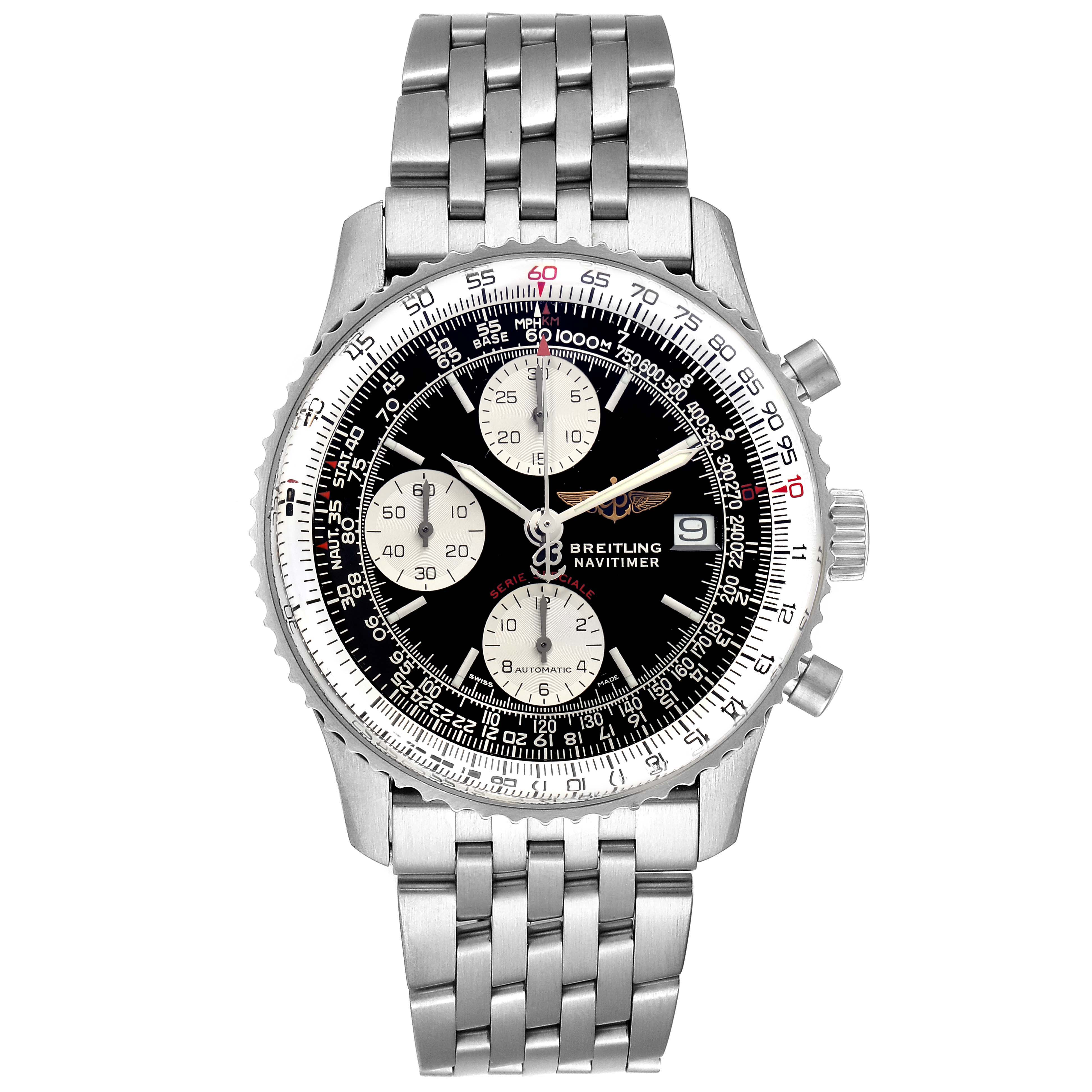 The image shows a front view of the Breitling Navitimer A13330 Men
s Stainless Steel Black Dial A13330 Men
s Stainless Steel Black Dial watch, highlighting its black dial, three sub-dials, and stainless steel bracelet.
