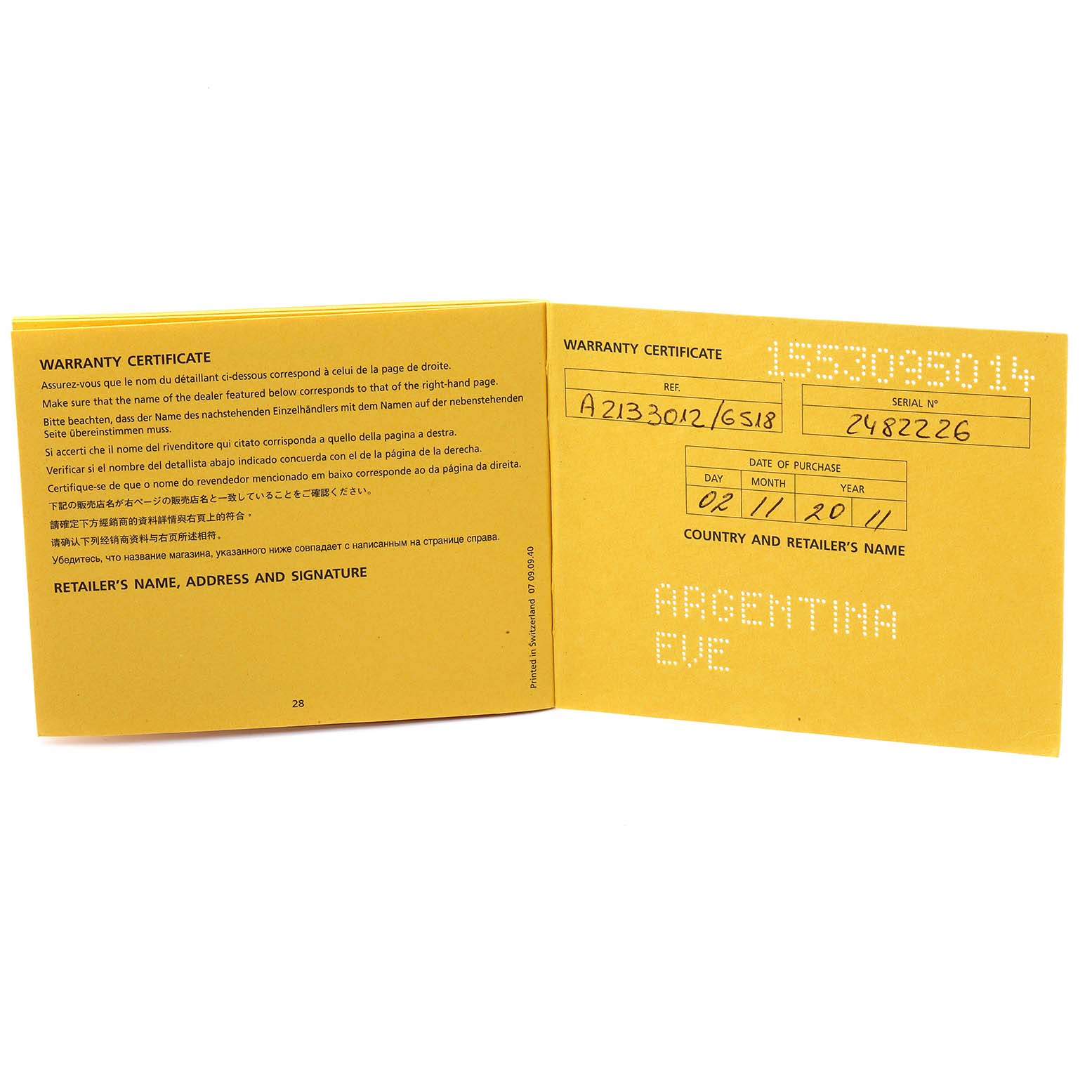 This image shows an open warranty certificate for a Breitling Navitimer A21330 Men's Stainless Steel Brown Dial A21330 Men's Stainless Steel Brown Dial watch, detailing the reference number, serial number, and purchase information.