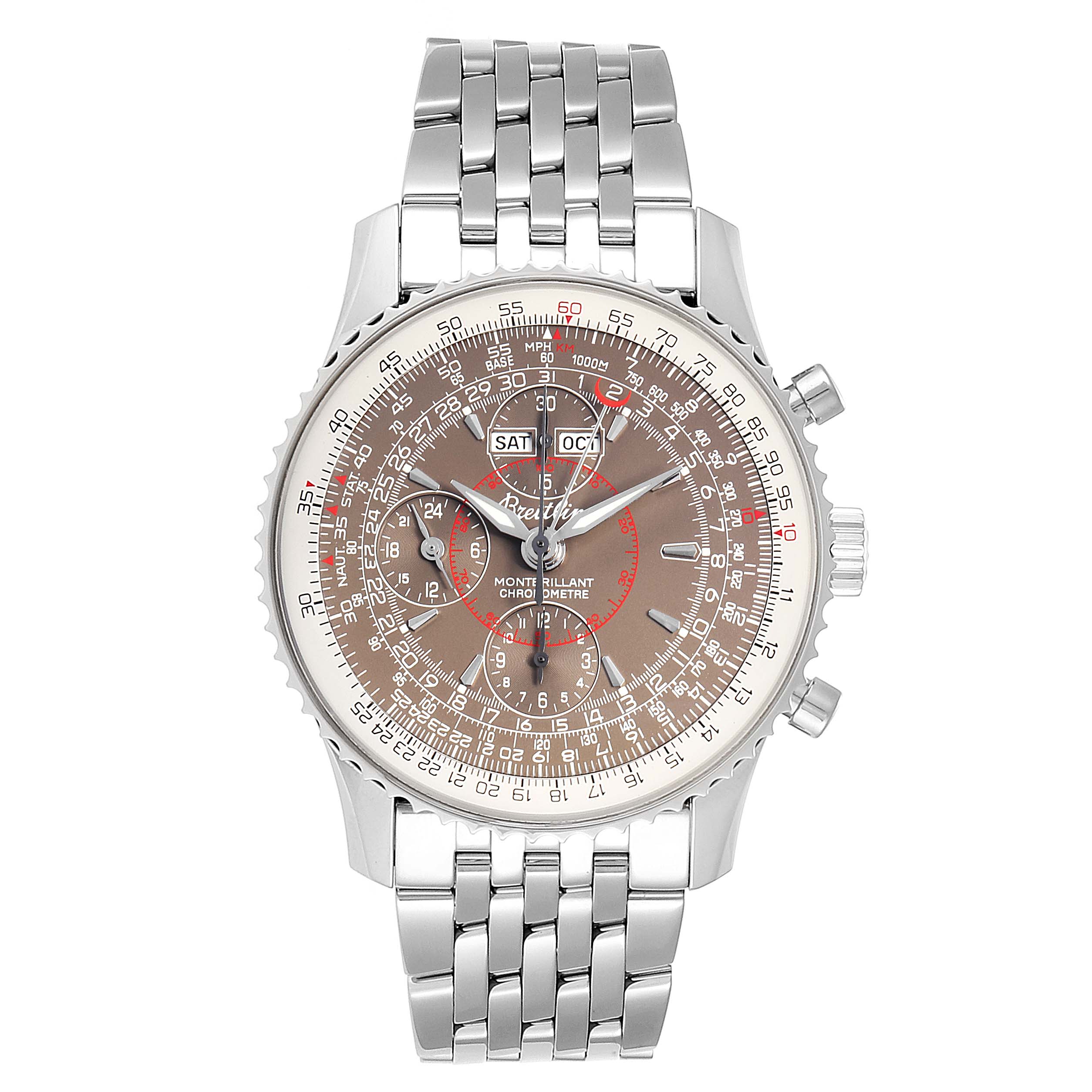 The image shows a front view of the Breitling Navitimer A21330 Men's Stainless Steel Brown Dial A21330 Men's Stainless Steel Brown Dial Montbrillant chronograph watch, featuring a detailed dial and metal bracelet.