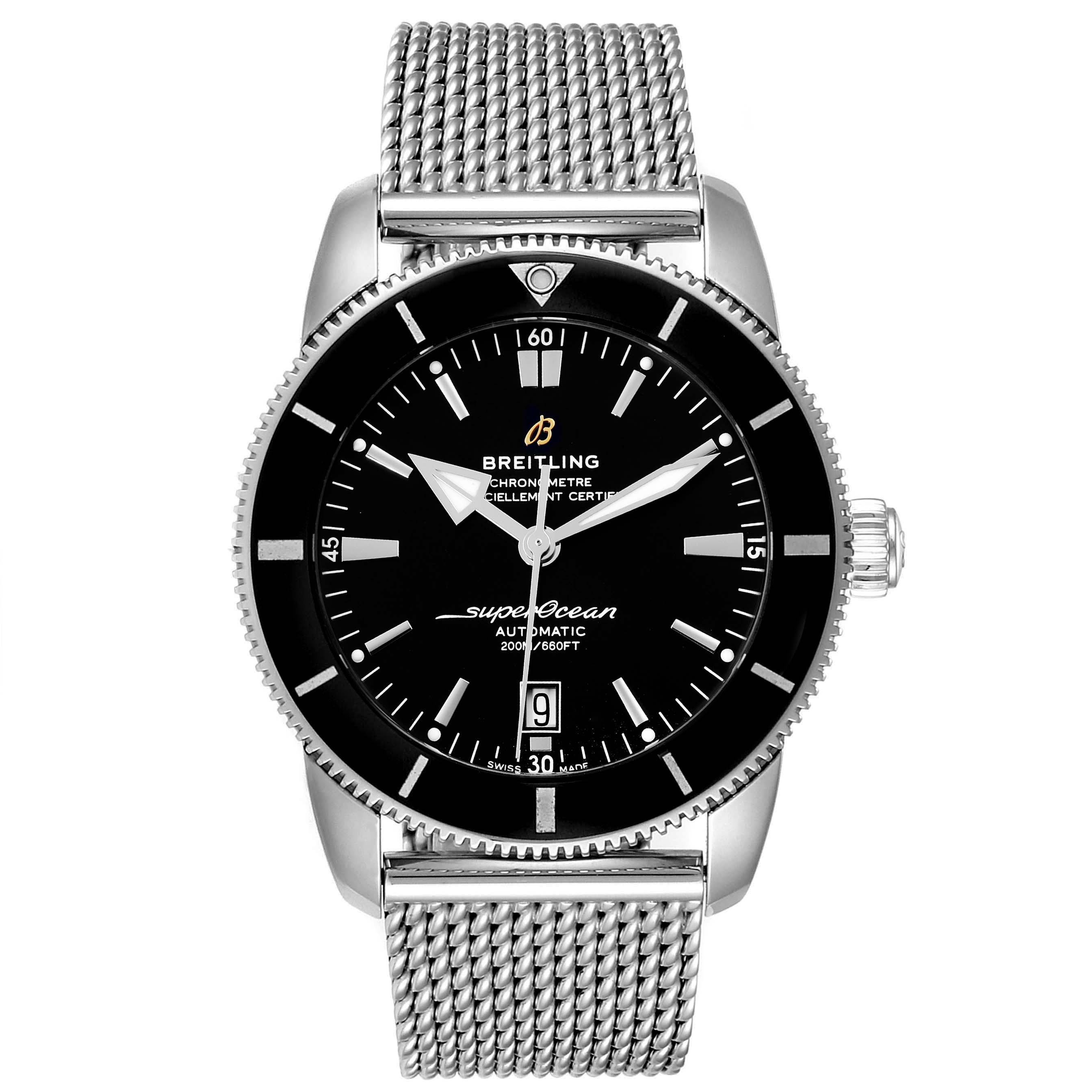 The Breitling Superocean AB202016-C961-152A Men
s Stainless Steel Black Dial AB202016-C961-152A Men
s Stainless Steel Black Dial watch is shown from the front, featuring a black dial, stainless steel case, and mesh bracelet.
