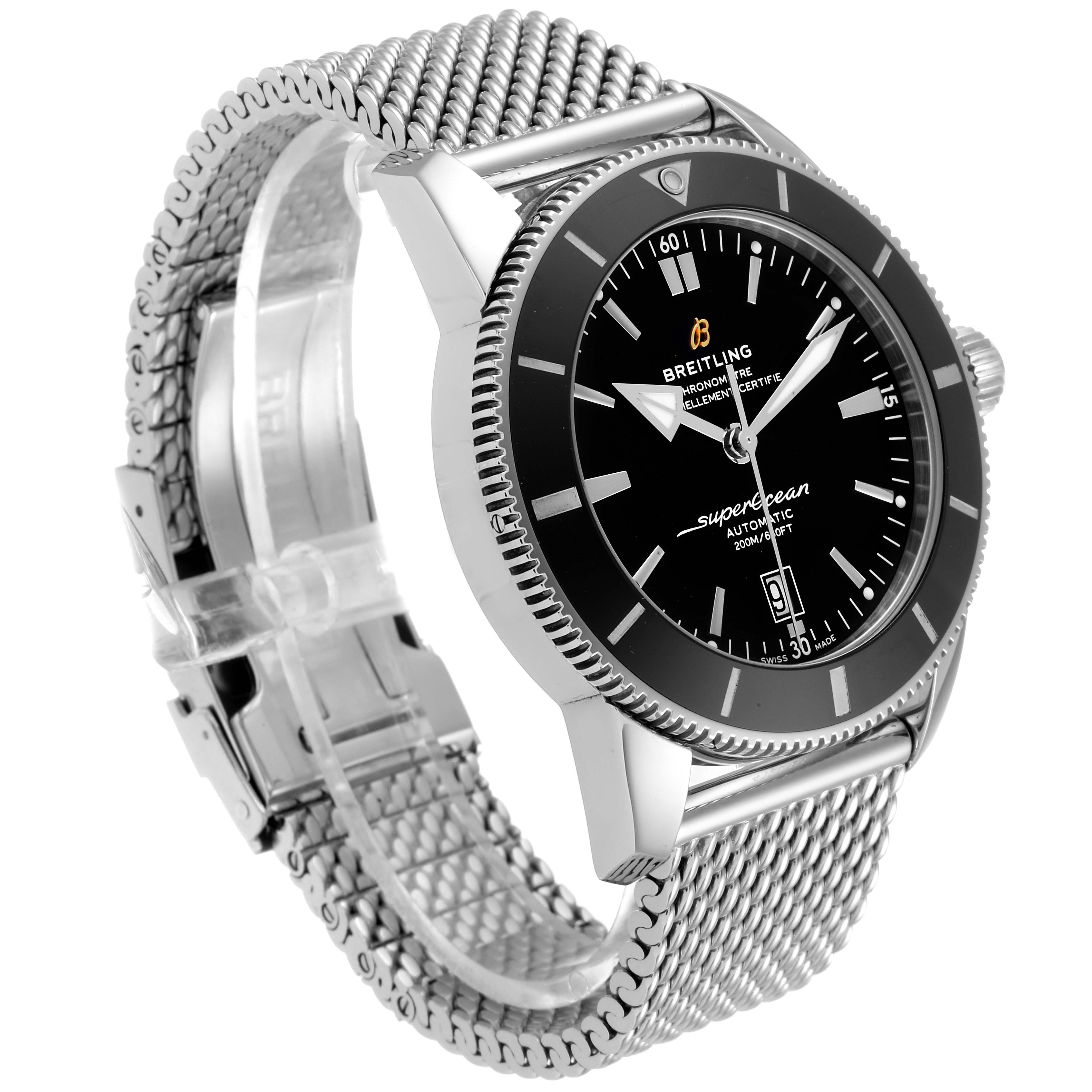 The image shows a Breitling Superocean AB202016-C961-152A Men
s Stainless Steel Black Dial AB202016-C961-152A Men
s Stainless Steel Black Dial watch at a side angle, displaying the dial, mesh strap, bezel, and crown.