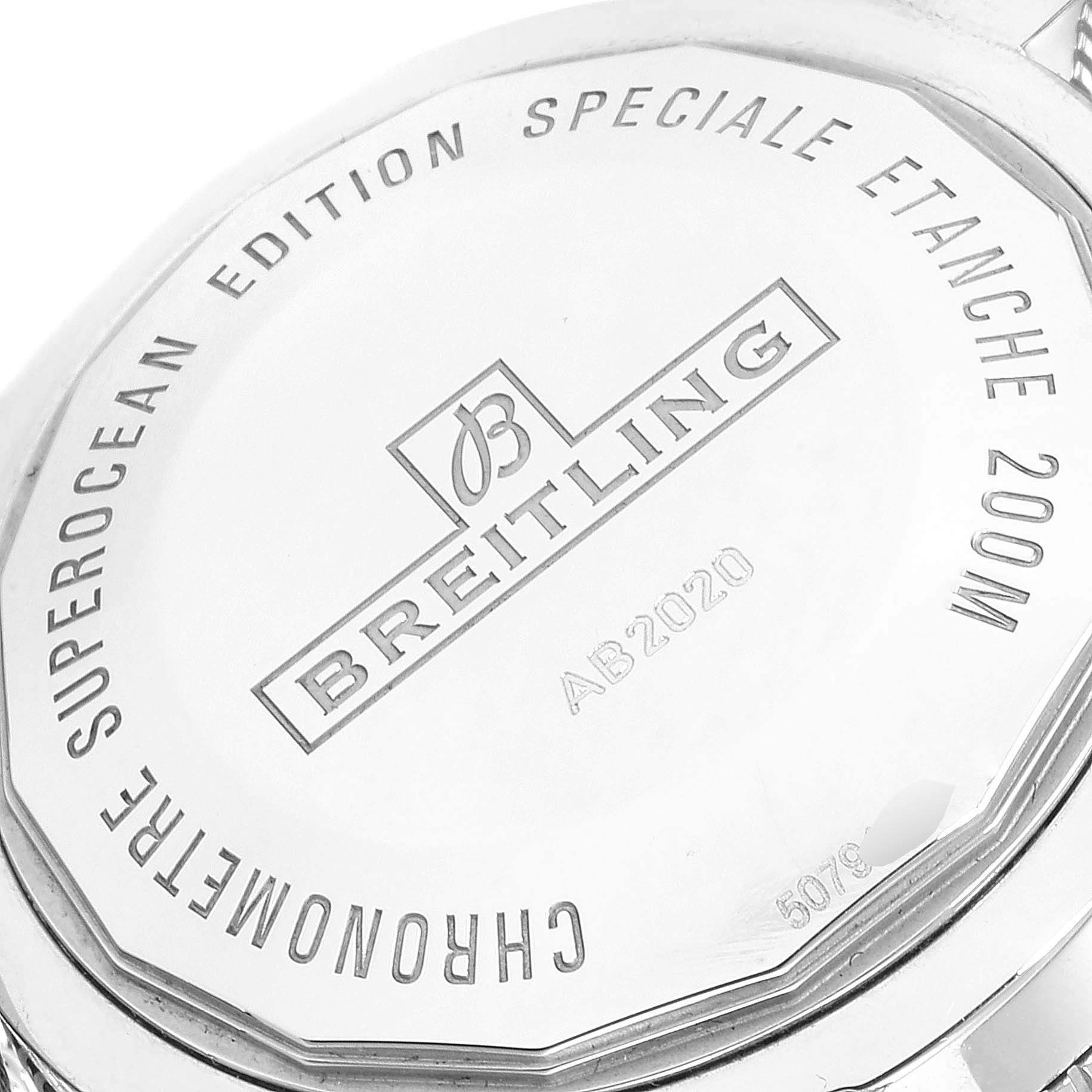 The image shows the case back of the Breitling Superocean AB202016-C961-152A Men
s Stainless Steel Black Dial AB202016-C961-152A Men
s Stainless Steel Black Dial watch, highlighting the brand logo and model specifications.