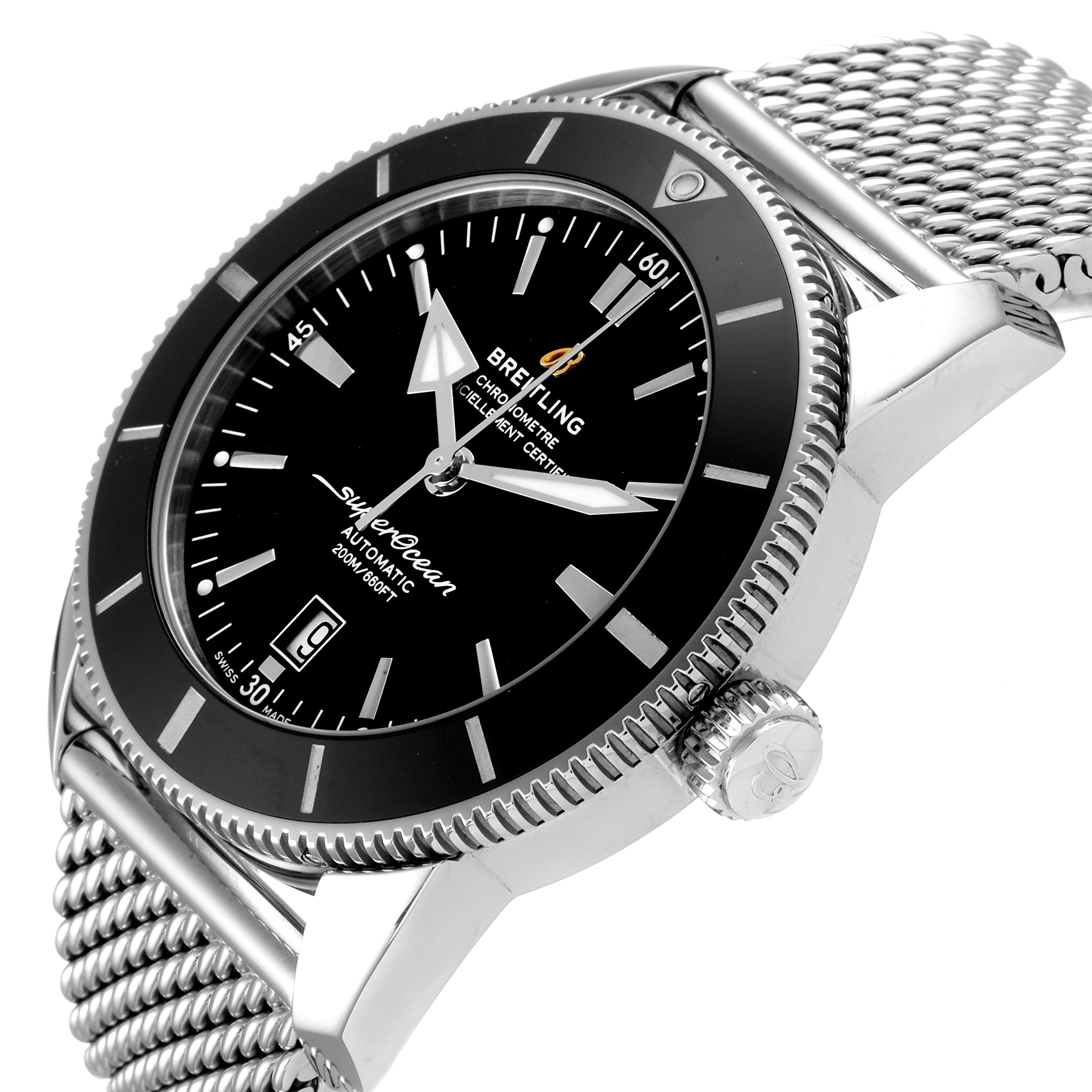 This Breitling Superocean AB202016-C961-152A Men
s Stainless Steel Black Dial AB202016-C961-152A Men
s Stainless Steel Black Dial watch is shown at an angle displaying the dial, bezel, crown, and part of the mesh bracelet.