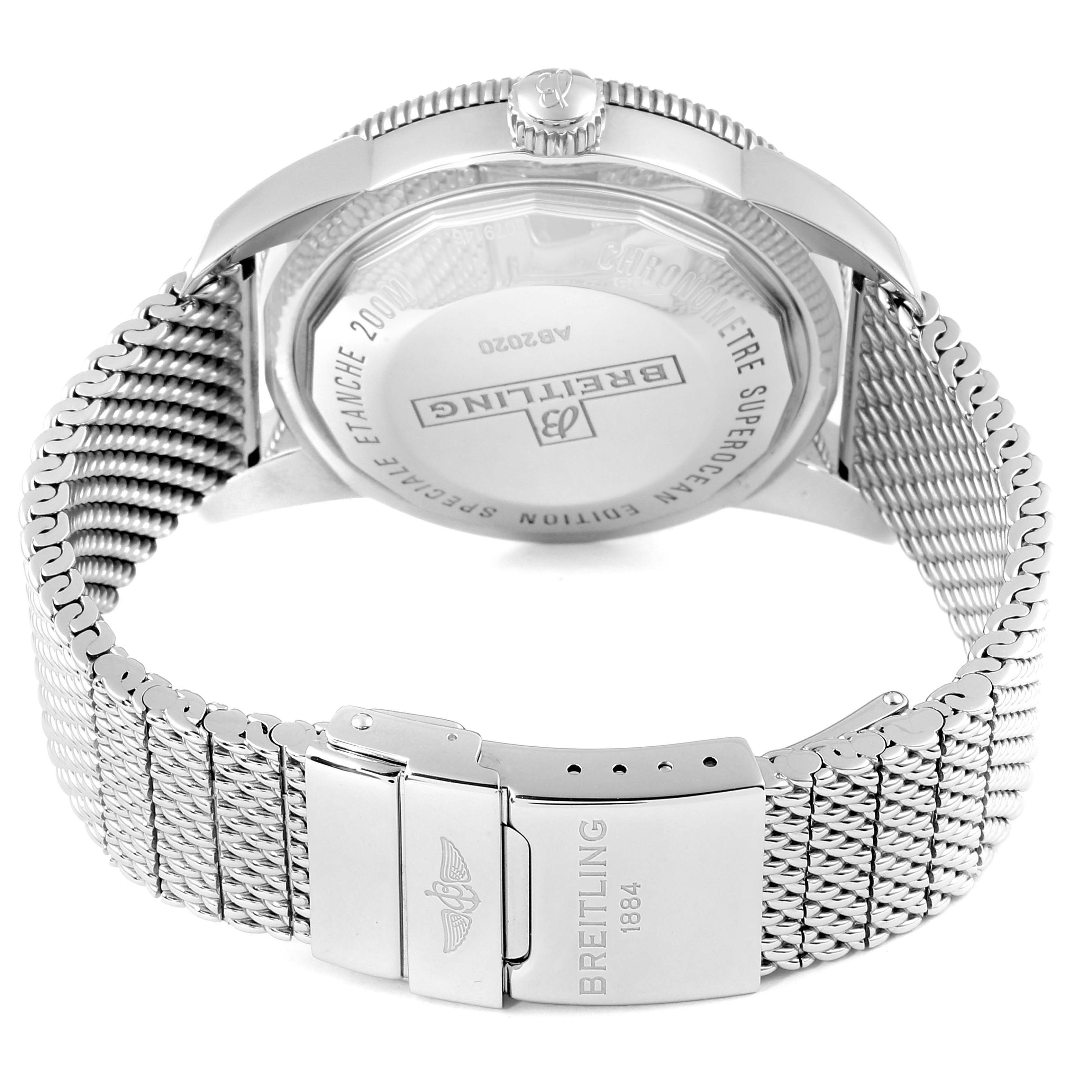 The image shows the case back, winding crown, and metal bracelet of the Breitling Superocean AB202016-C961-152A Men
s Stainless Steel Black Dial AB202016-C961-152A Men
s Stainless Steel Black Dial watch, viewed from the rear.