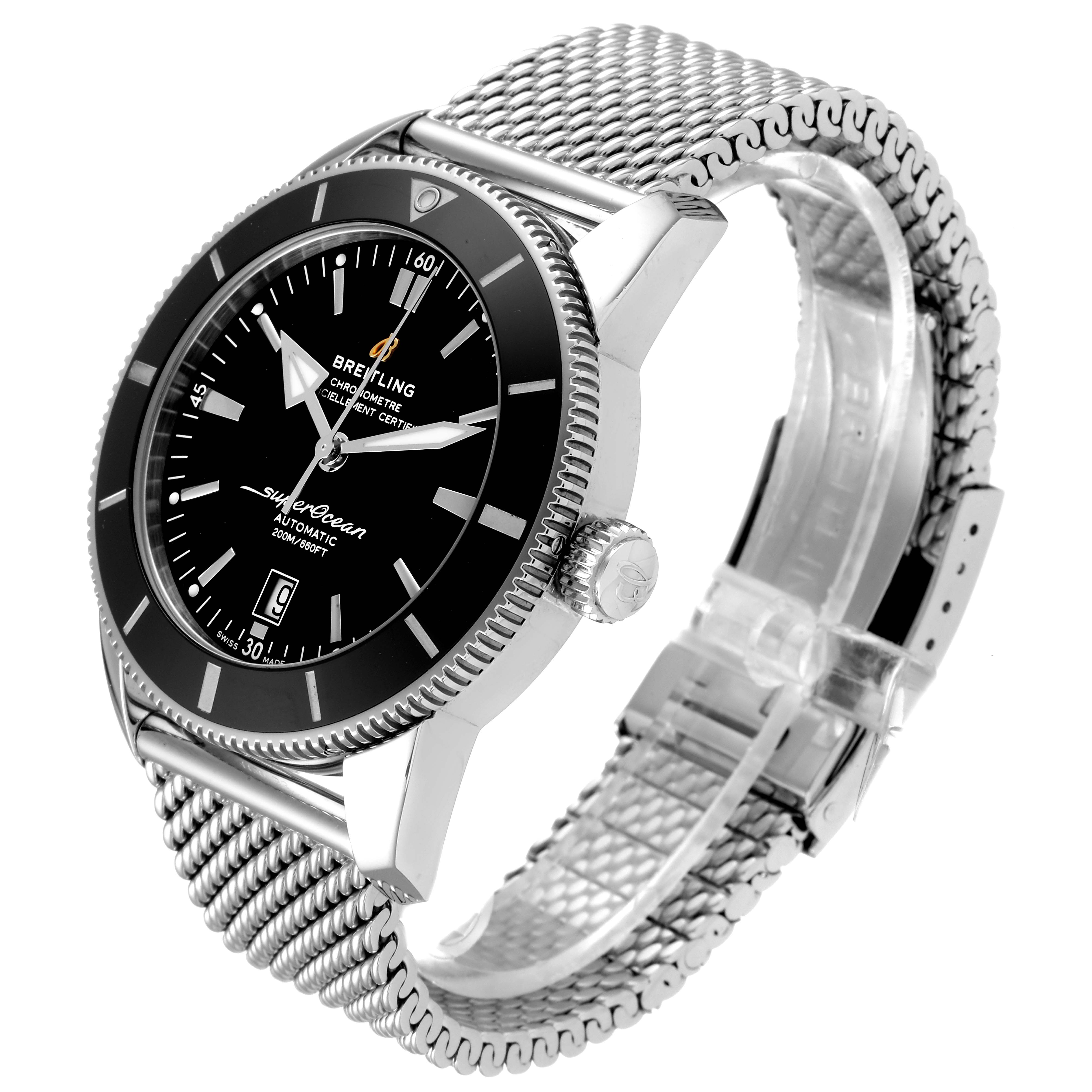 The image shows a Breitling Superocean AB202016-C961-152A Men
s Stainless Steel Black Dial AB202016-C961-152A Men
s Stainless Steel Black Dial watch at an angled side view, showcasing its dial, bezel, crown, and mesh bracelet.
