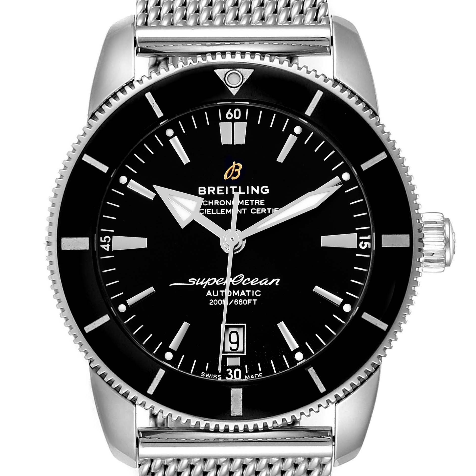The image shows a frontal view of the Breitling Superocean AB202016-C961-152A Men
s Stainless Steel Black Dial AB202016-C961-152A Men
s Stainless Steel Black Dial watch, highlighting its dial, bezel, and part of the bracelet.