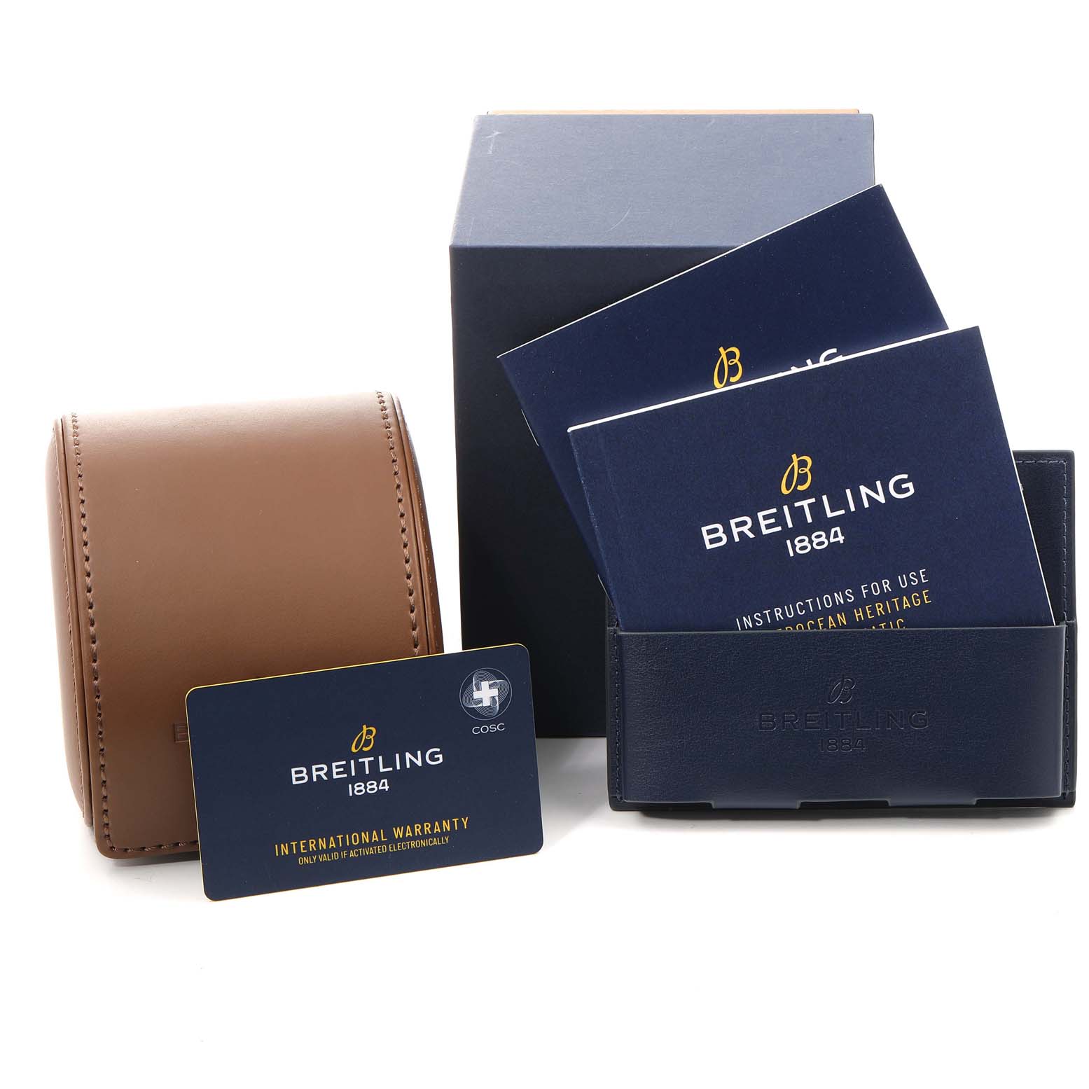 The image shows Breitling Superocean AB202016-C961-152A Men
s Stainless Steel Black Dial AB202016-C961-152A Men
s Stainless Steel Black Dial watch accessories including manuals, a warranty card, and brown and blue cases.