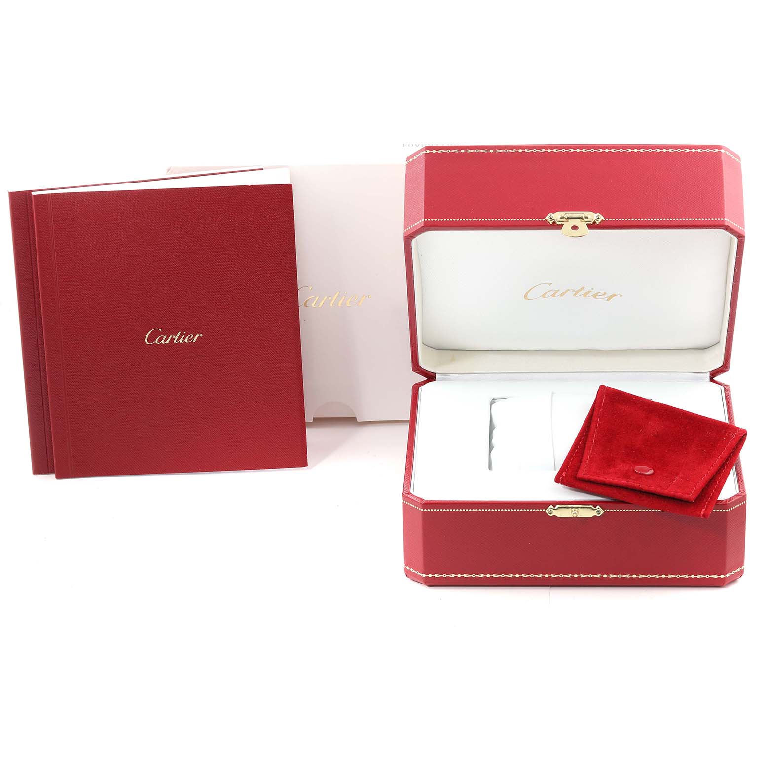 The image shows the packaging and accessories for a Ballon Bleu model by Cartier, including a red box, a booklet, and a velvet pouch.