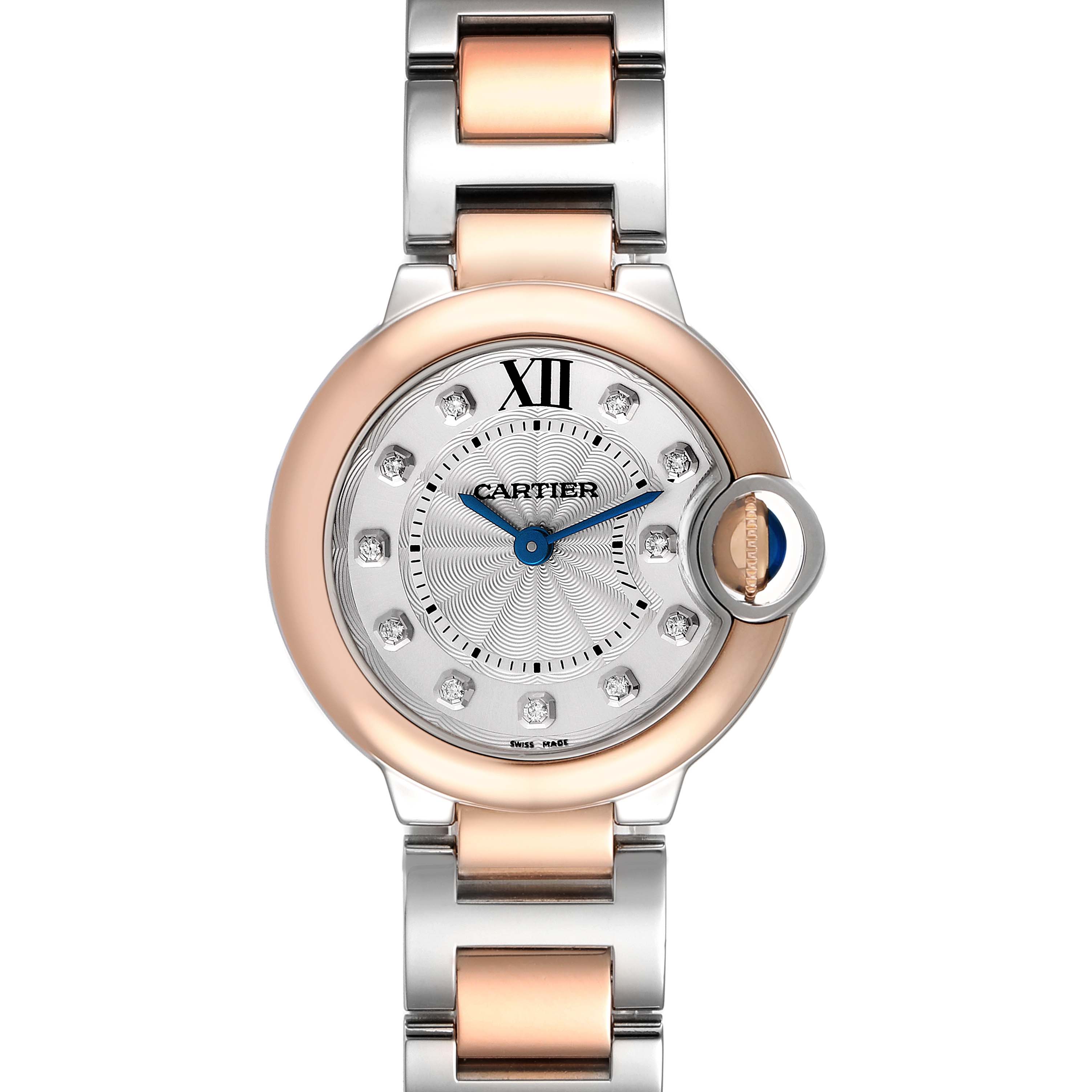 The image shows the front view of a Cartier Ballon Bleu W3BB0005 Women
s Steel and Gold (two tone) Silver Dial W3BB0005 Women
s Steel and Gold (two tone) Silver Dial watch, featuring a rose gold and silver bracelet and diamond hour markers.