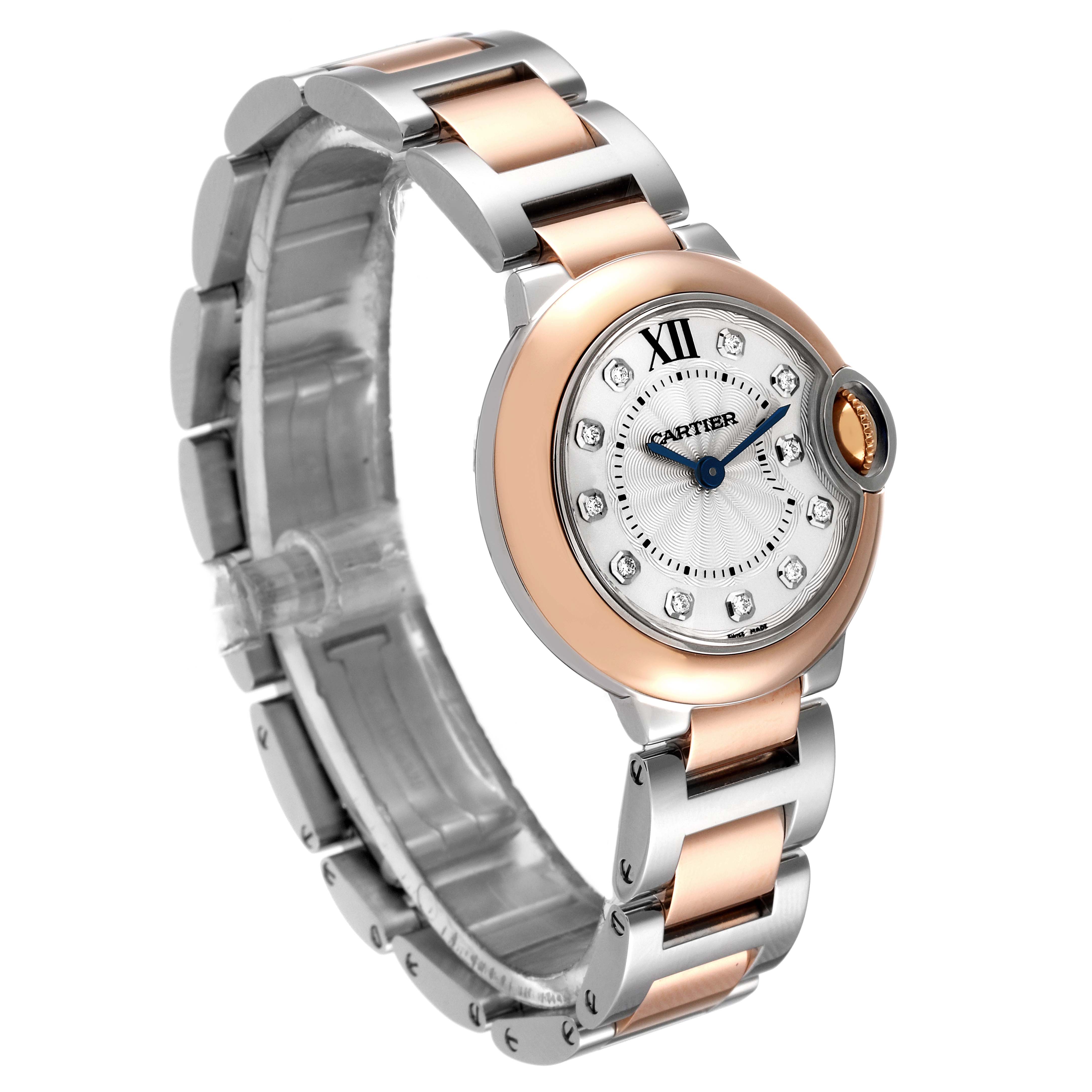 The image shows a side angle of the Cartier Ballon Bleu W3BB0005 Women
s Steel and Gold (two tone) Silver Dial W3BB0005 Women
s Steel and Gold (two tone) Silver Dial watch, highlighting its two-tone bracelet and diamond-studded dial.