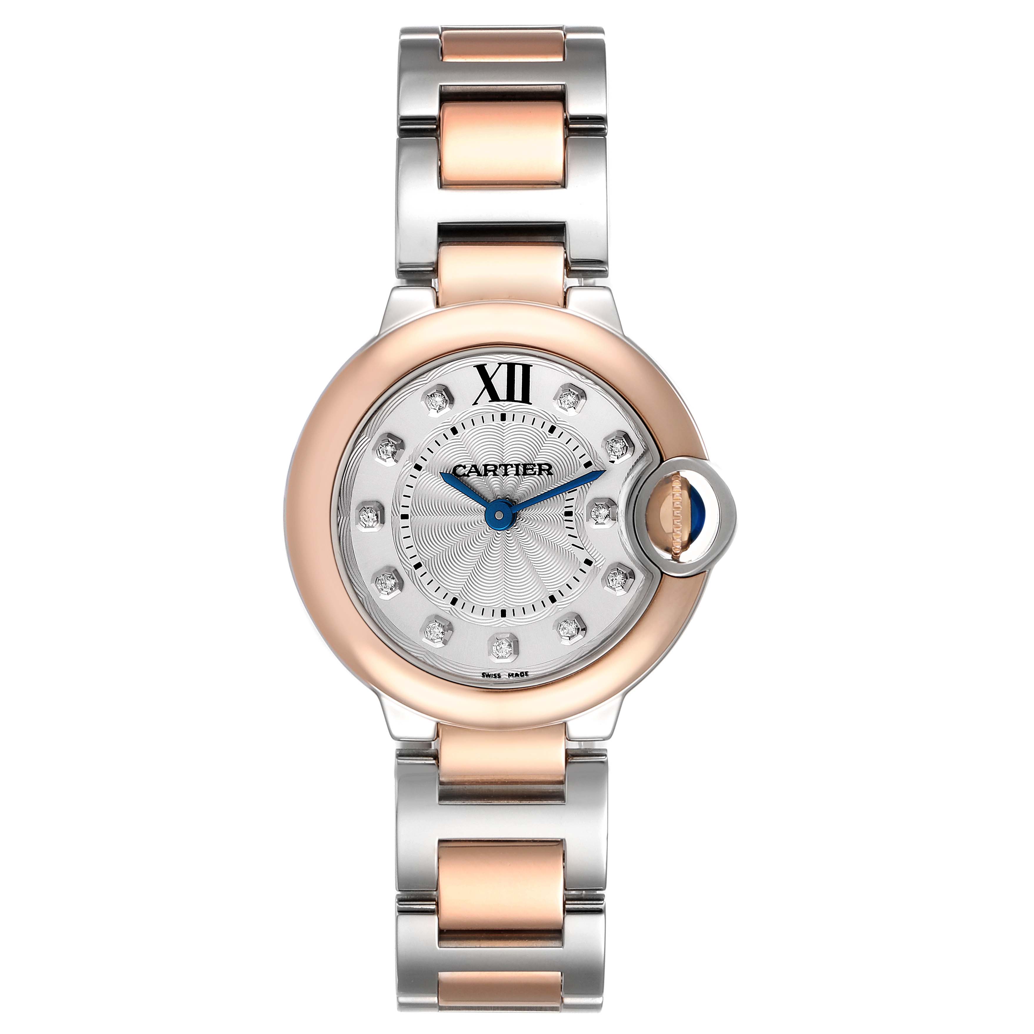 This image shows the front view of a Ballon Bleu de Cartier watch, highlighting its two-tone bracelet and diamond-studded dial.