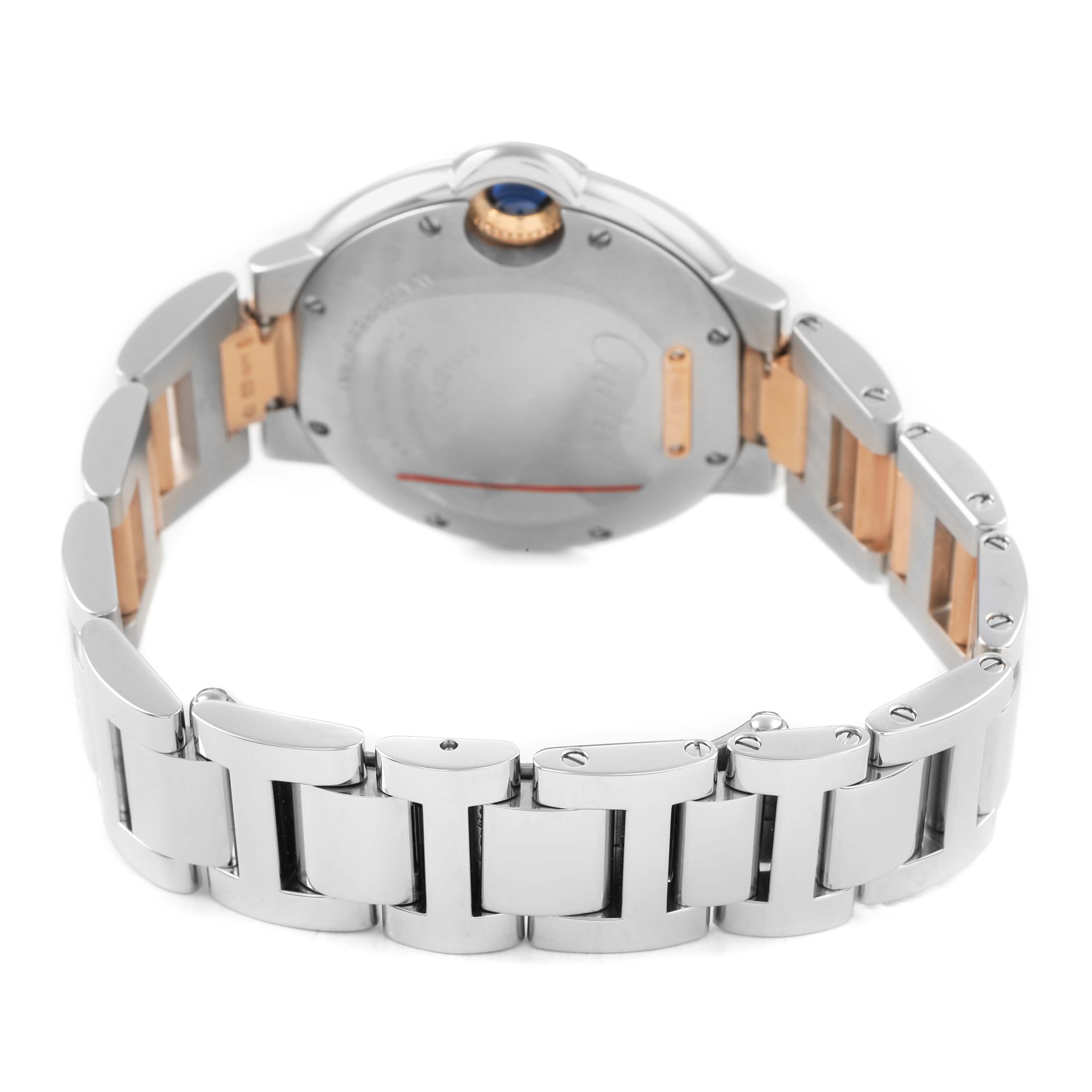 The image shows the back of a Cartier Ballon Bleu W3BB0006 Women's Steel and Gold (two tone) Silver Dial watch, highlighting the case back and bracelet links.