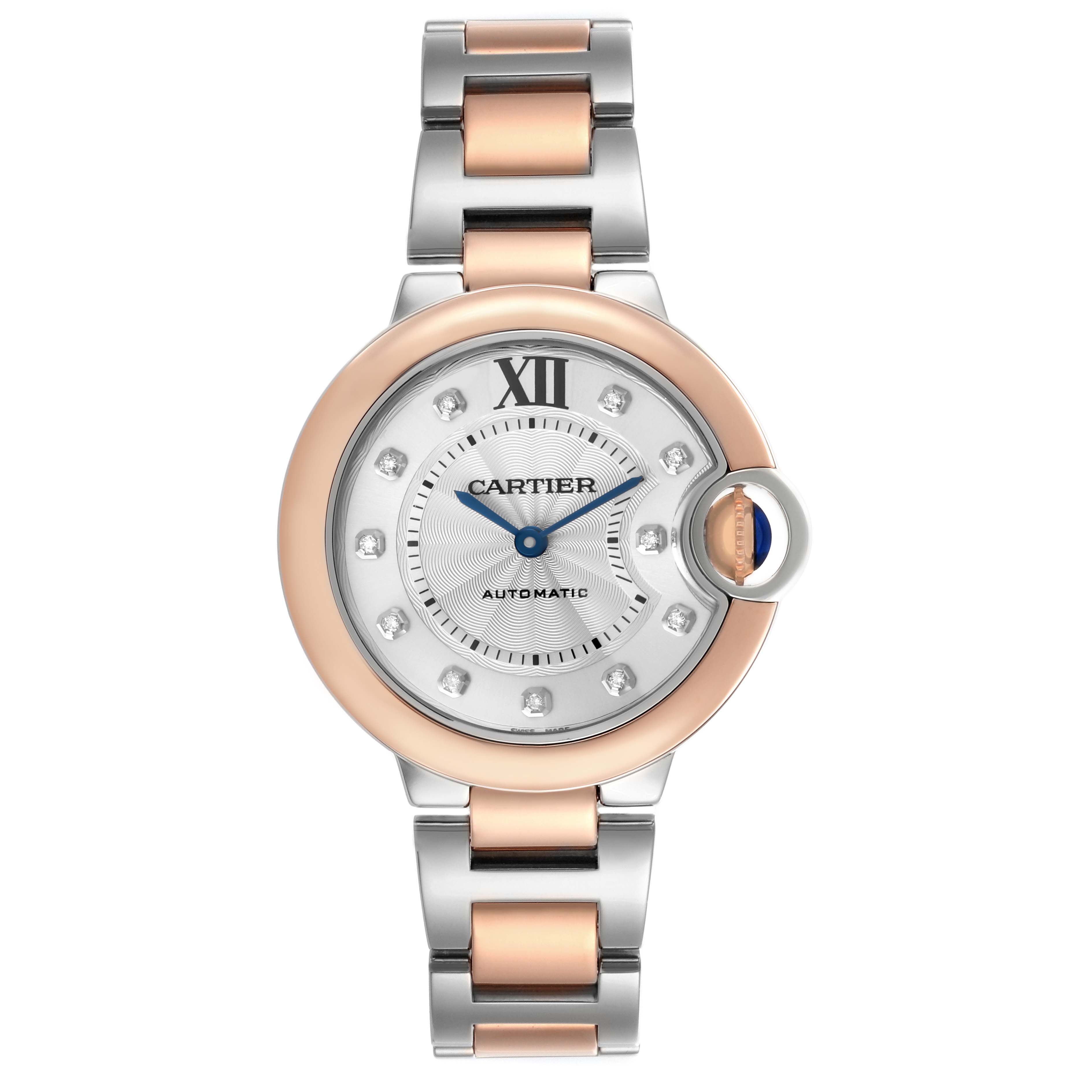 The Cartier Ballon Bleu W3BB0006 Women's Steel and Gold (two tone) Silver Dial watch is shown from the top, highlighting the dial, bezel, and two-tone bracelet.