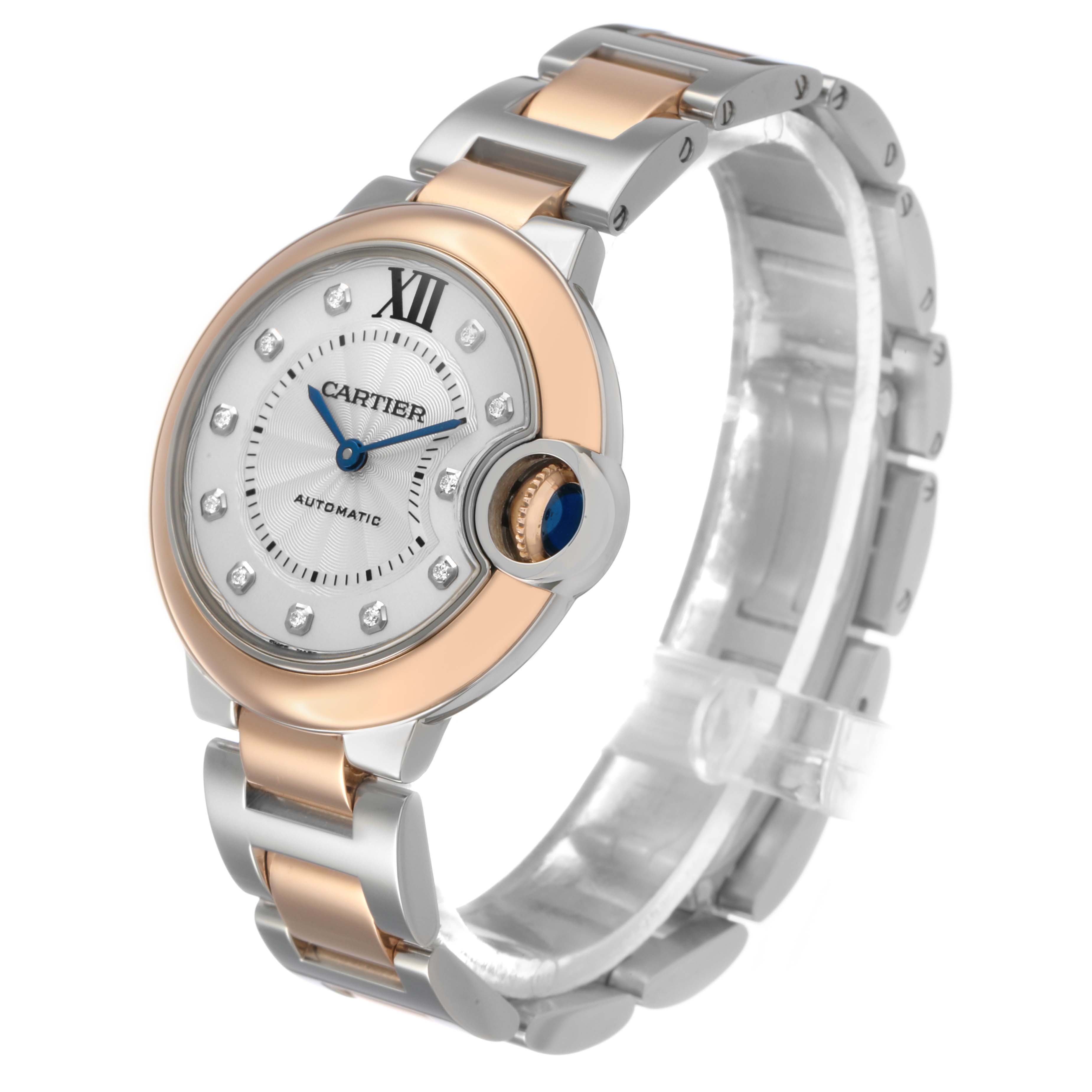 The image shows a Cartier Ballon Bleu W3BB0006 Women's Steel and Gold (two tone) Silver Dial watch at a three-quarter angle, highlighting the bracelet, dial, and crown.