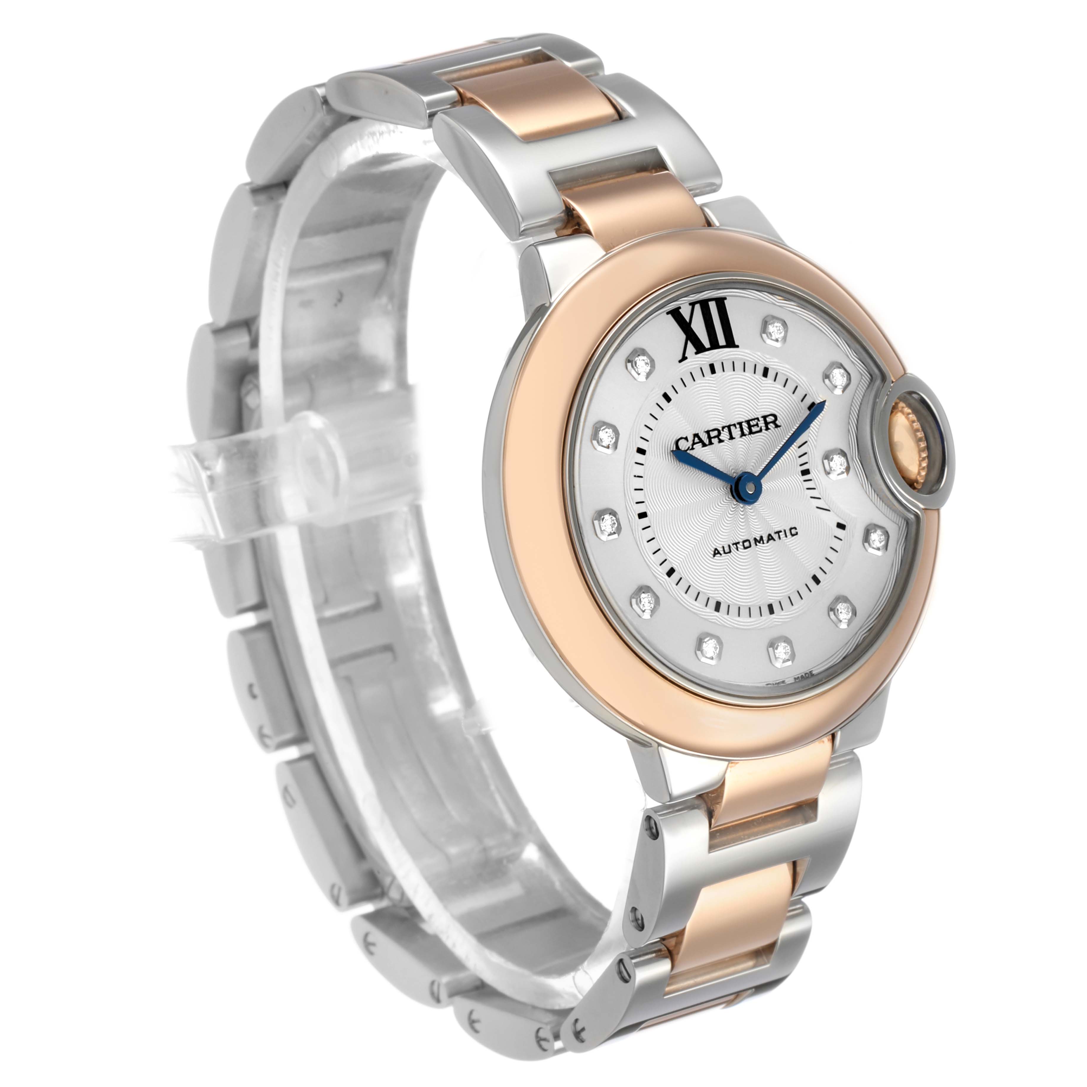 The Cartier Ballon Bleu W3BB0006 Women's Steel and Gold (two tone) Silver Dial watch is shown at a three-quarter angle, highlighting the dial, crown, and metal strap details.