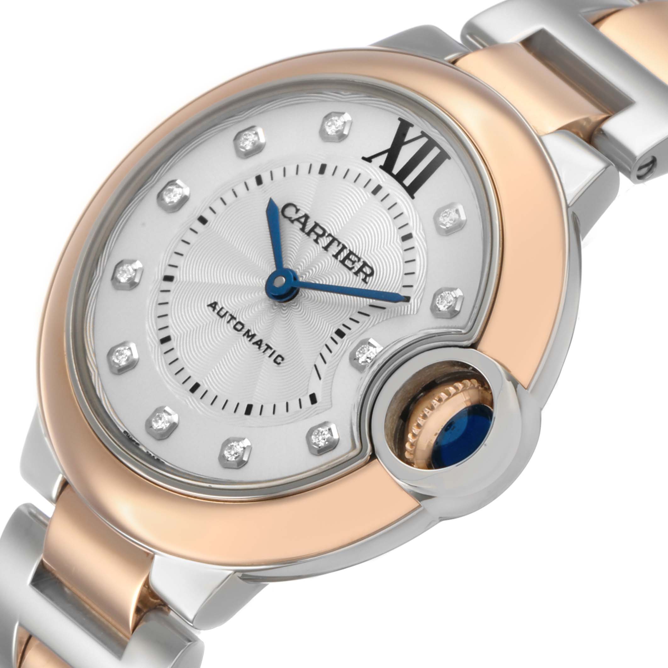 The Cartier Ballon Bleu W3BB0006 Women's Steel and Gold (two tone) Silver Dial watch is shown at an angle, highlighting the face, crown, and part of the two-tone bracelet.