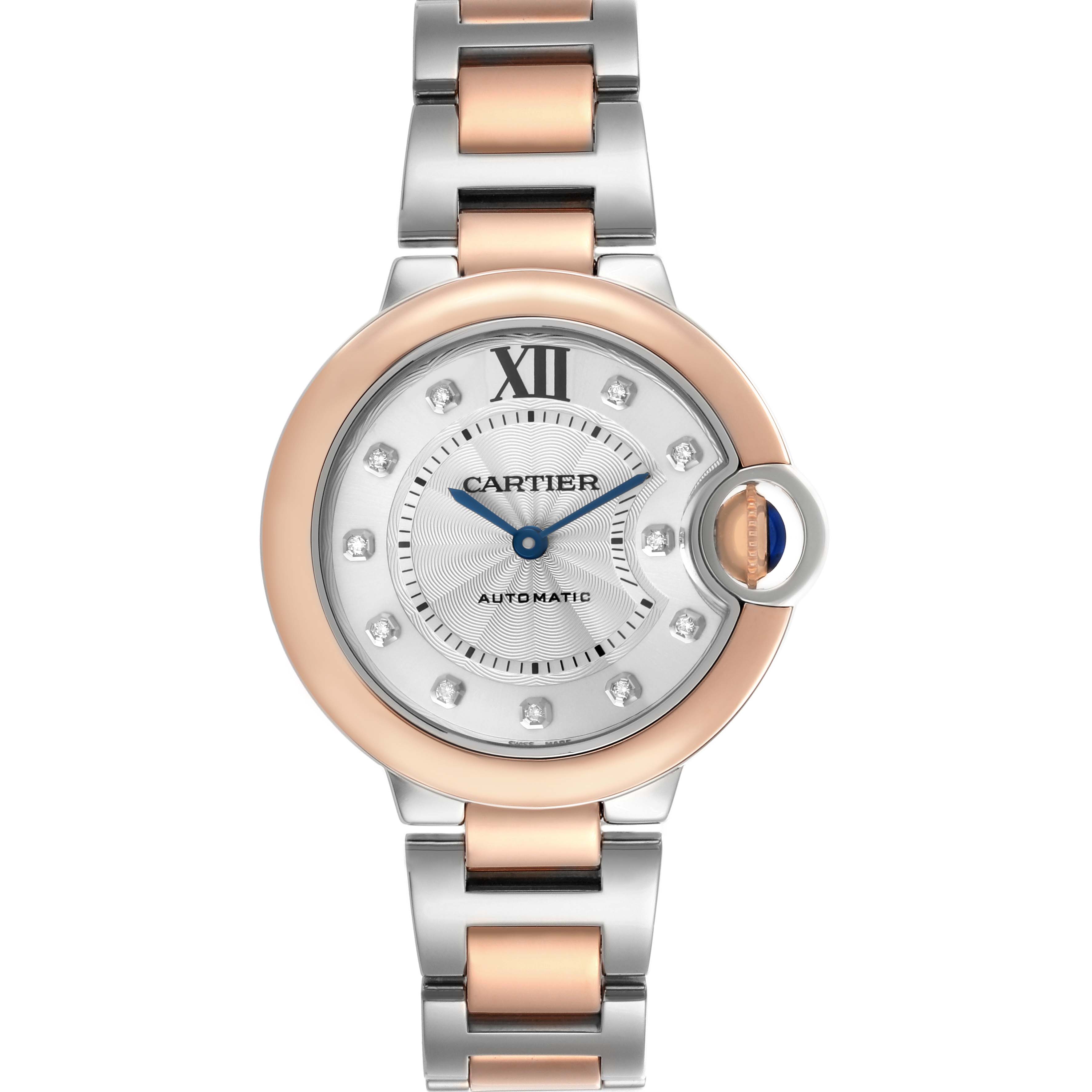 The Cartier Ballon Bleu W3BB0006 Women's Steel and Gold (two tone) Silver Dial watch is shown from a front angle, highlighting its face, bezel, and two-tone bracelet.