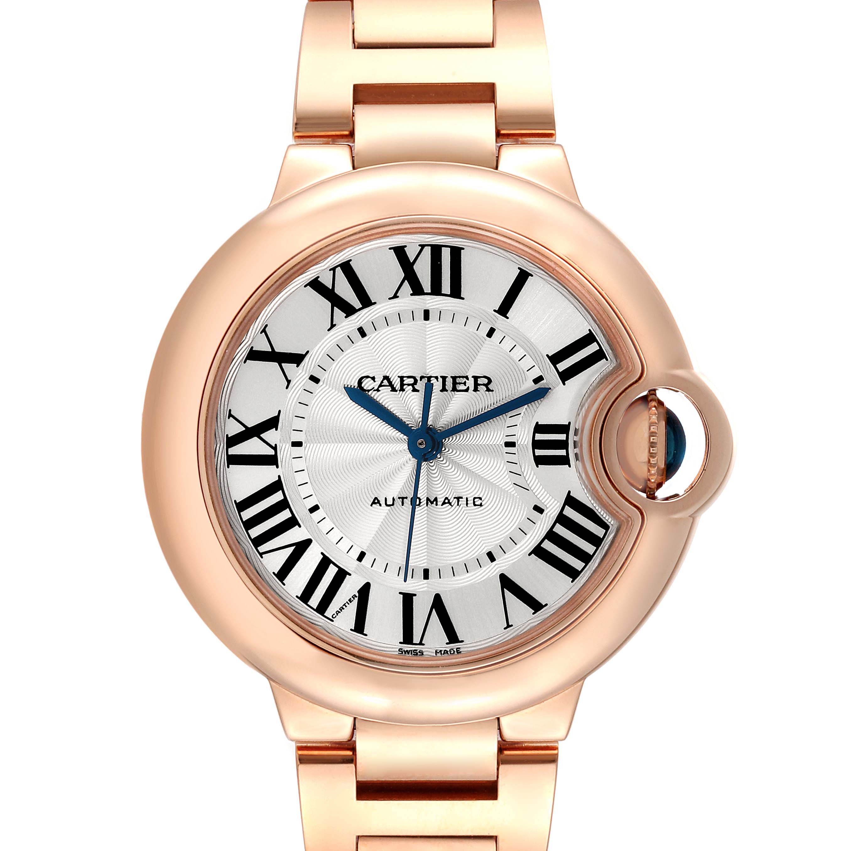 The image shows a front view of the Cartier Ballon Bleu WGBB0042 Women's Rose Gold Silver Dial WGBB0042 Women's Rose Gold Silver Dial watch, highlighting its face, case, and a portion of the bracelet.