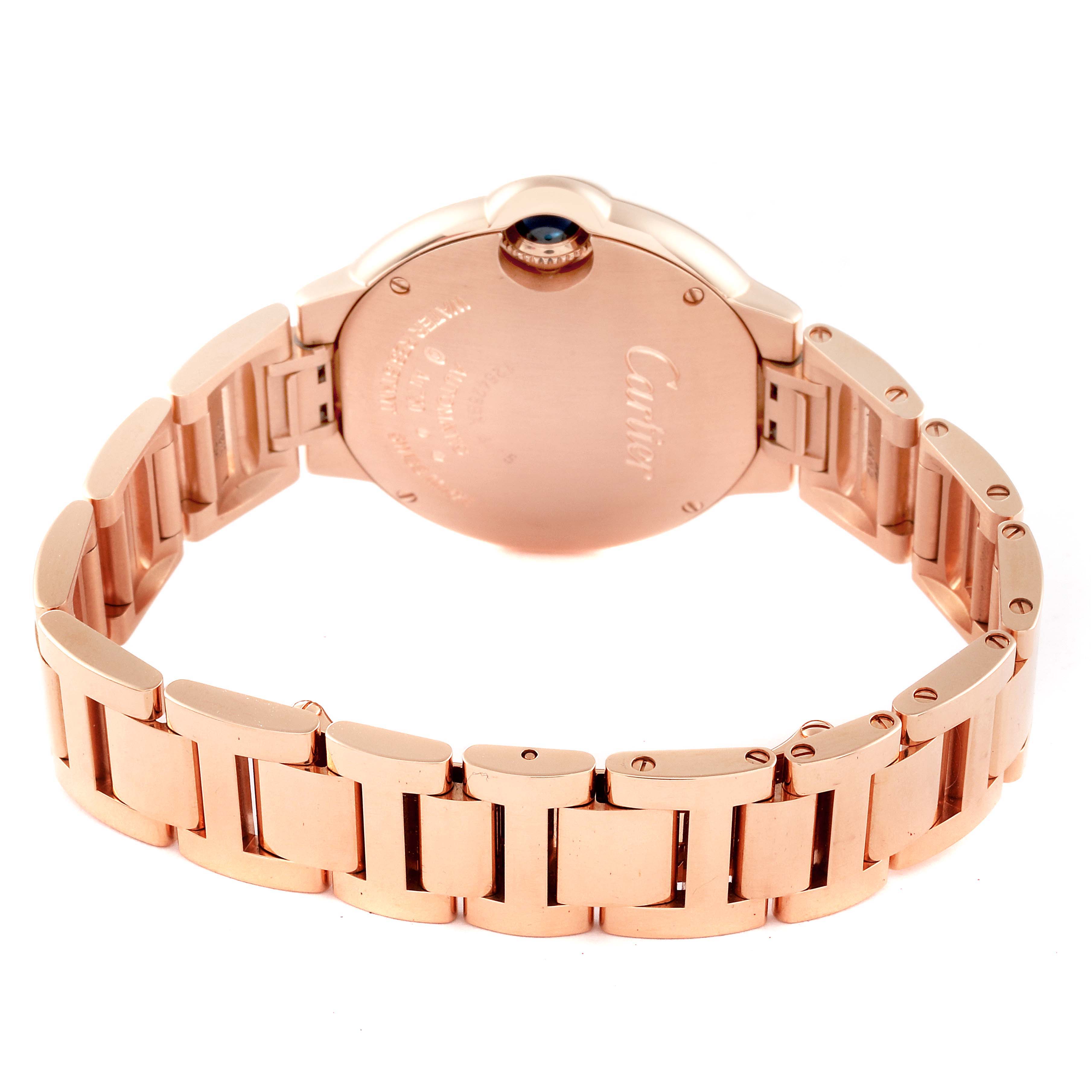 The image shows the back and bracelet of the Cartier Ballon Bleu WGBB0042 Women's Rose Gold Silver Dial WGBB0042 Women's Rose Gold Silver Dial model watch.