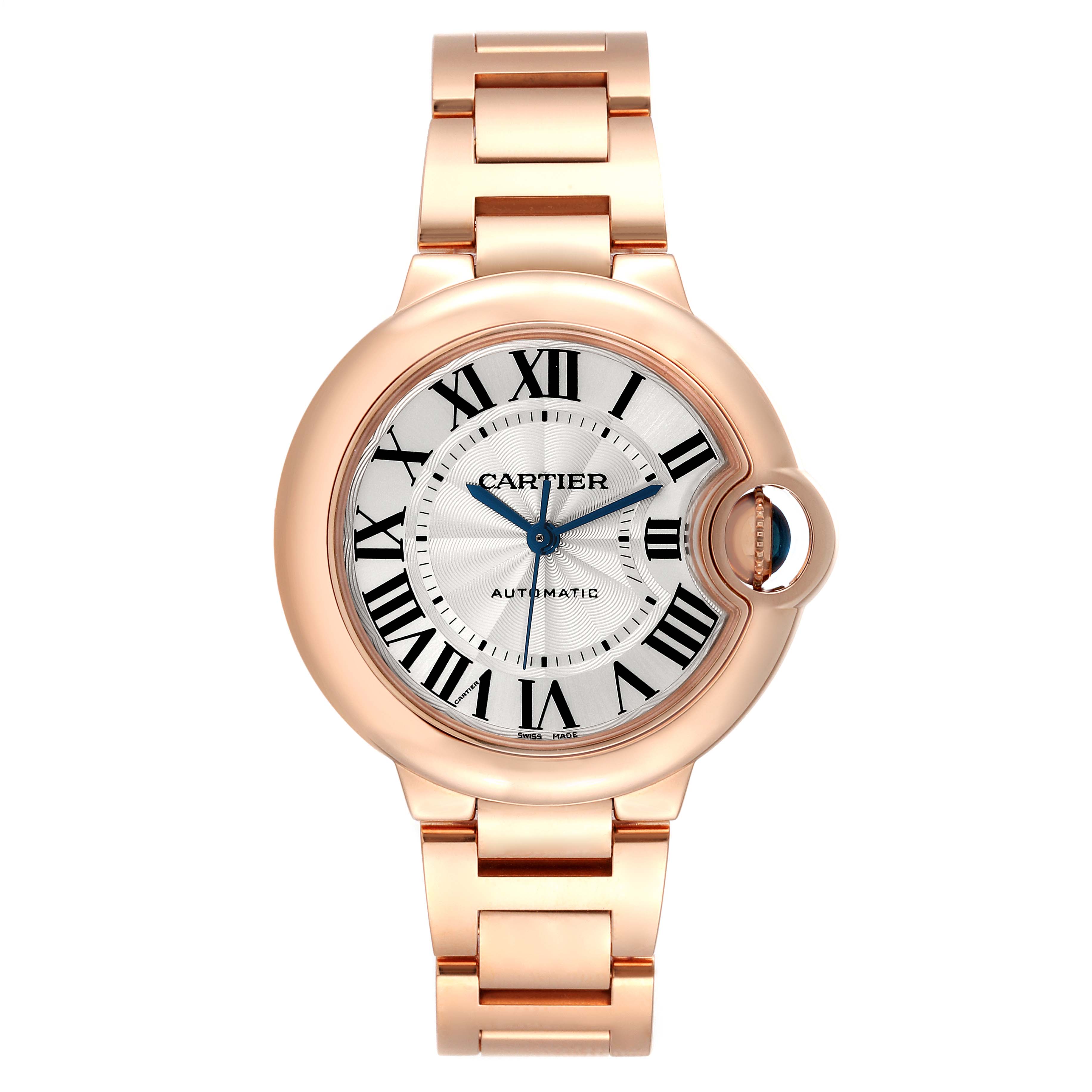 The image shows a frontal view of a Ballon Bleu model by Cartier, highlighting the watch face, bezel, and metal bracelet.