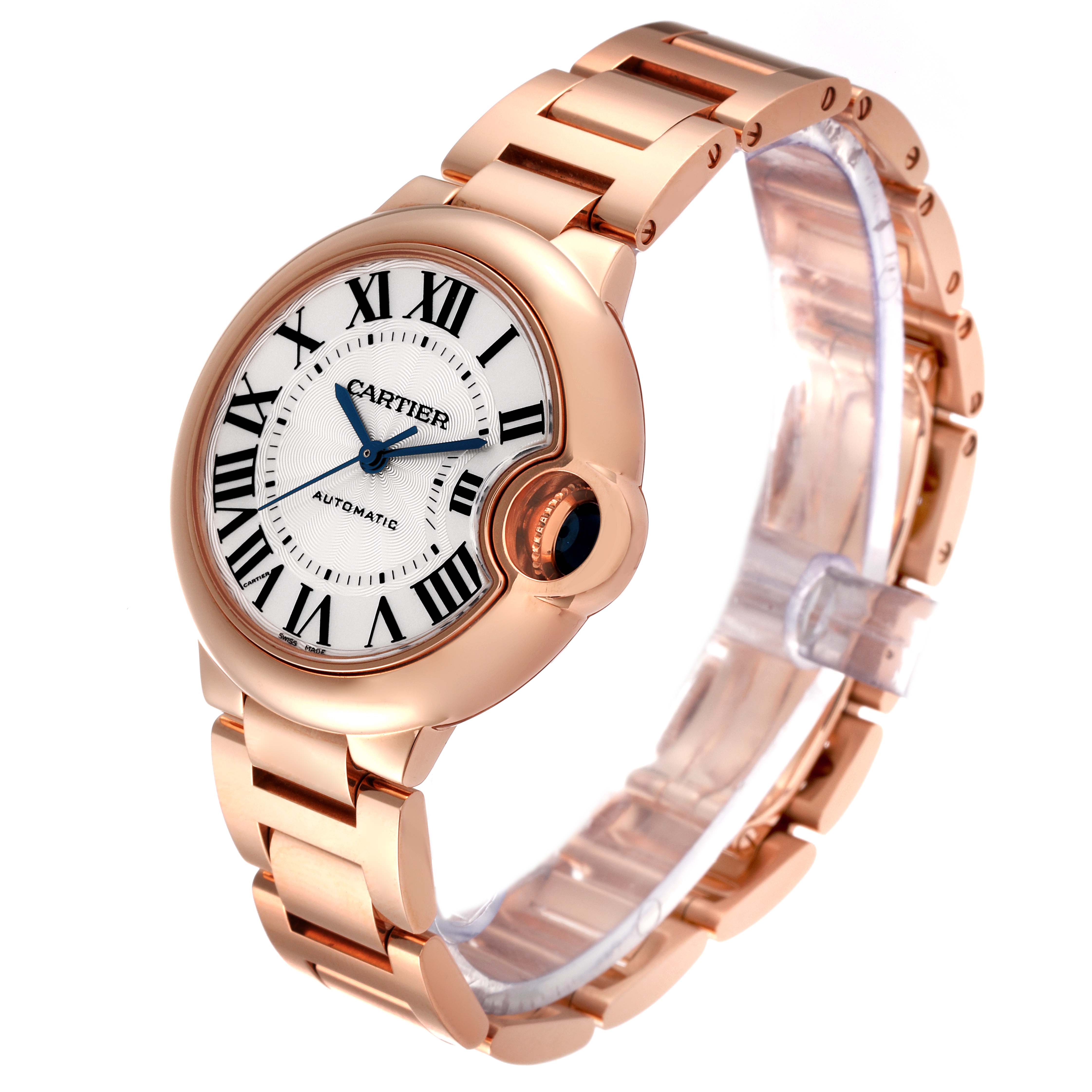 The image showcases a rose gold Cartier Ballon Bleu WGBB0042 Women's Rose Gold Silver Dial WGBB0042 Women's Rose Gold Silver Dial watch at a front right angle, highlighting the dial, casing, and bracelet.