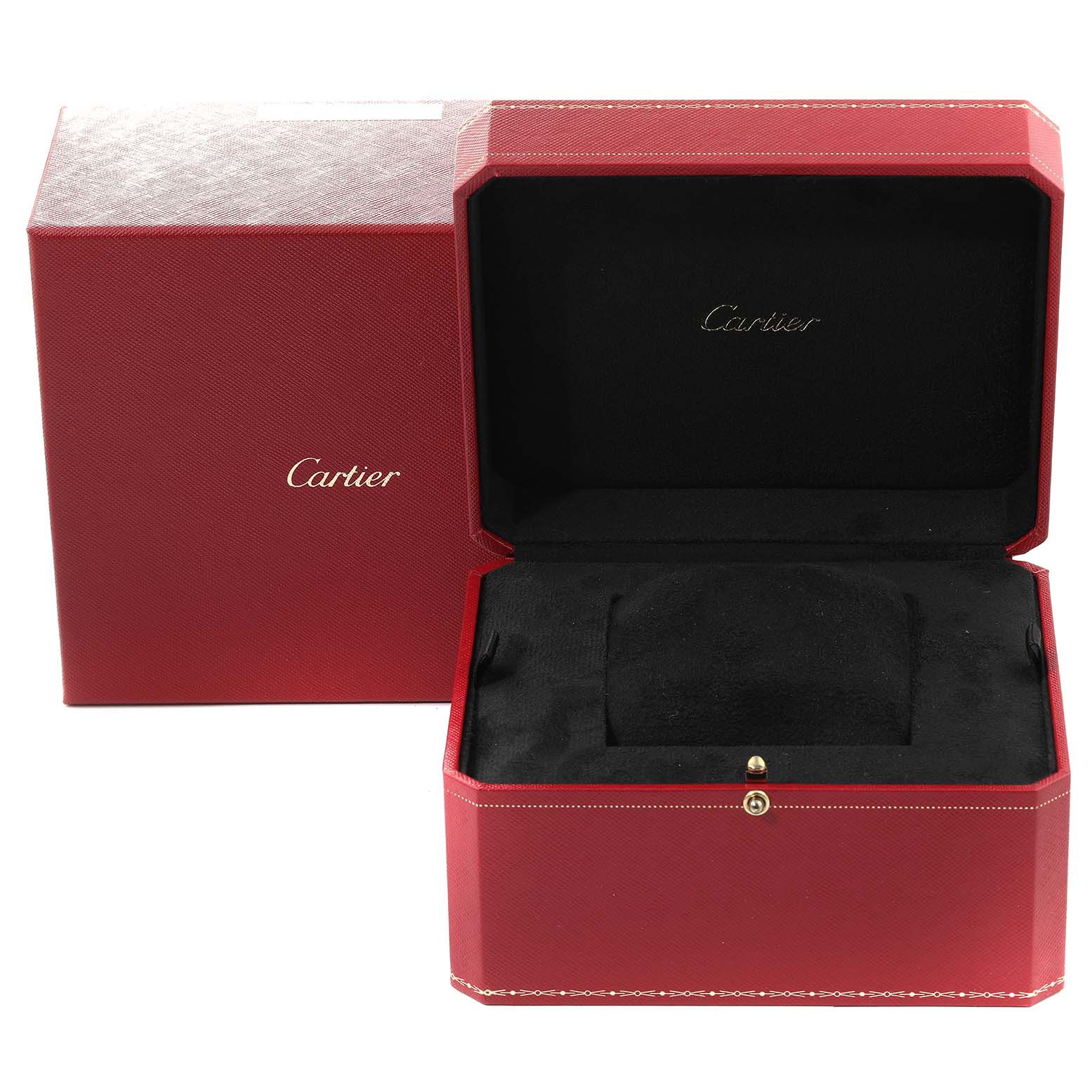 The image shows an open red Cartier watch box for the Ballon Bleu model.