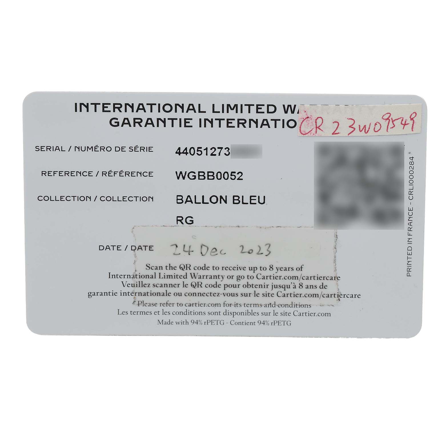 The image shows a warranty card for the Cartier Ballon Bleu WGBB0052 Women's Rose Gold Silver Dial watch, detailing serial and reference numbers.