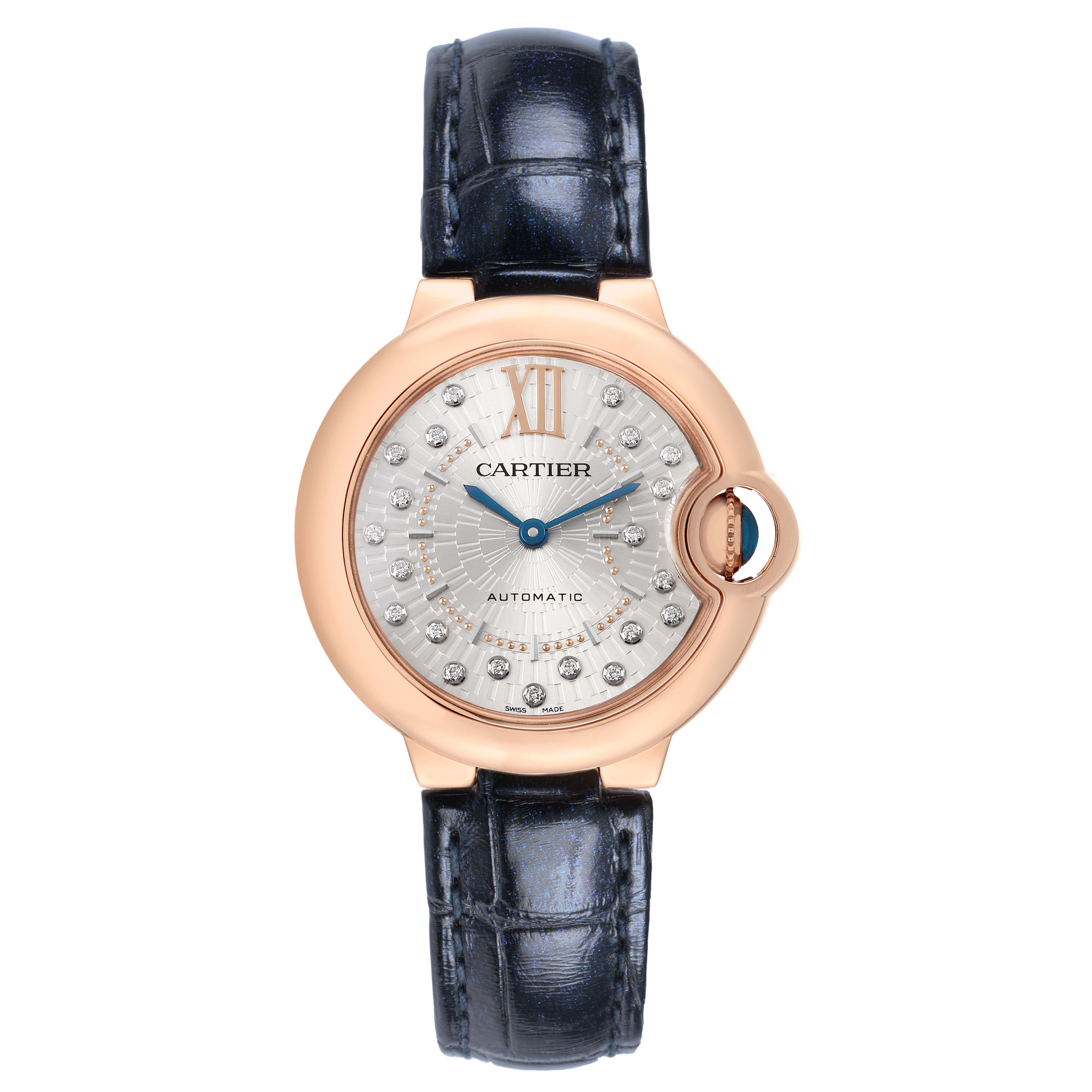 The Cartier Ballon Bleu WGBB0052 Women's Rose Gold Silver Dial watch is shown from the front, highlighting the dial, bezel, and leather strap.