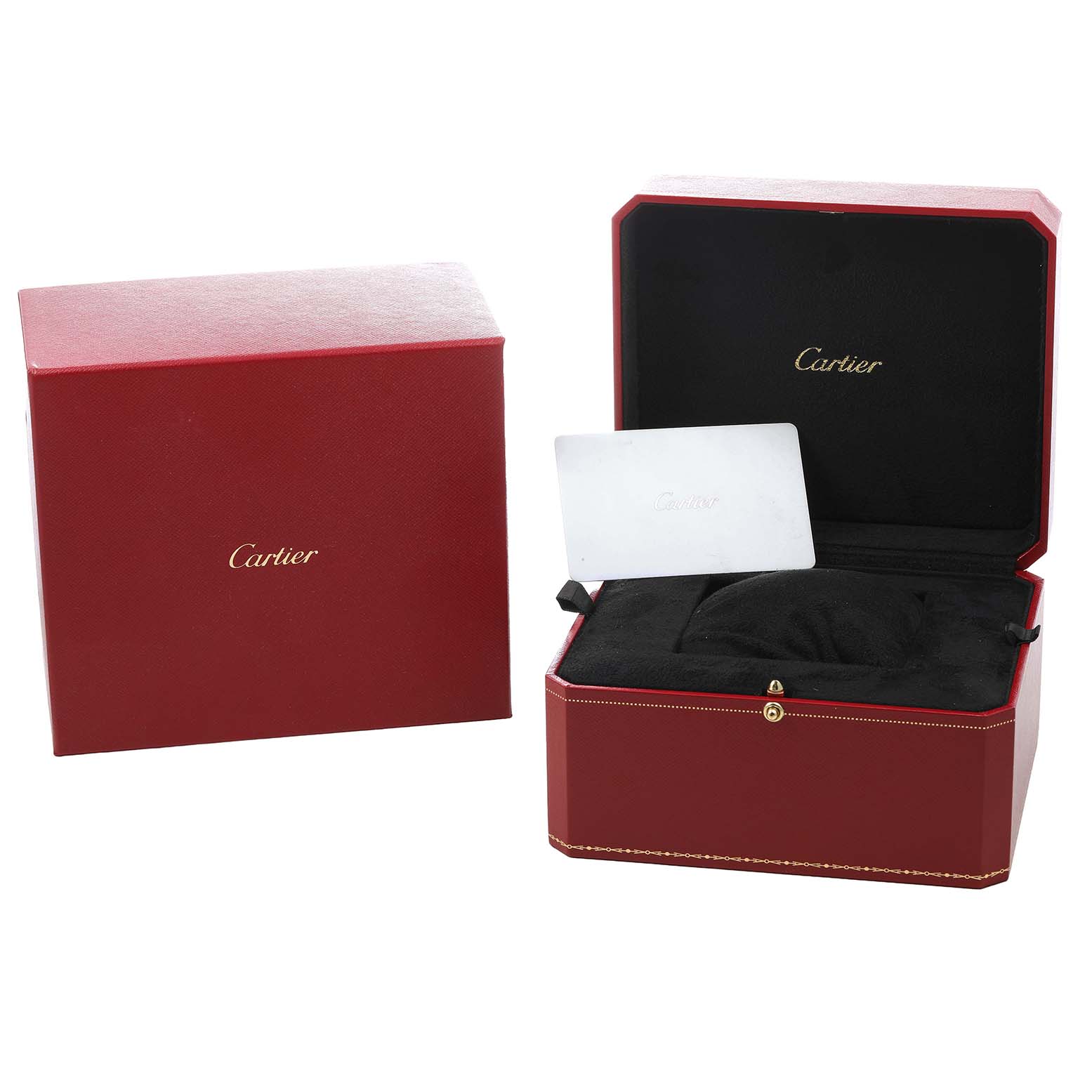 The image shows a Cartier Ballon Bleu WGBB0052 Women's Rose Gold Silver Dial watch box, outer box, and documentation from a frontal angle.