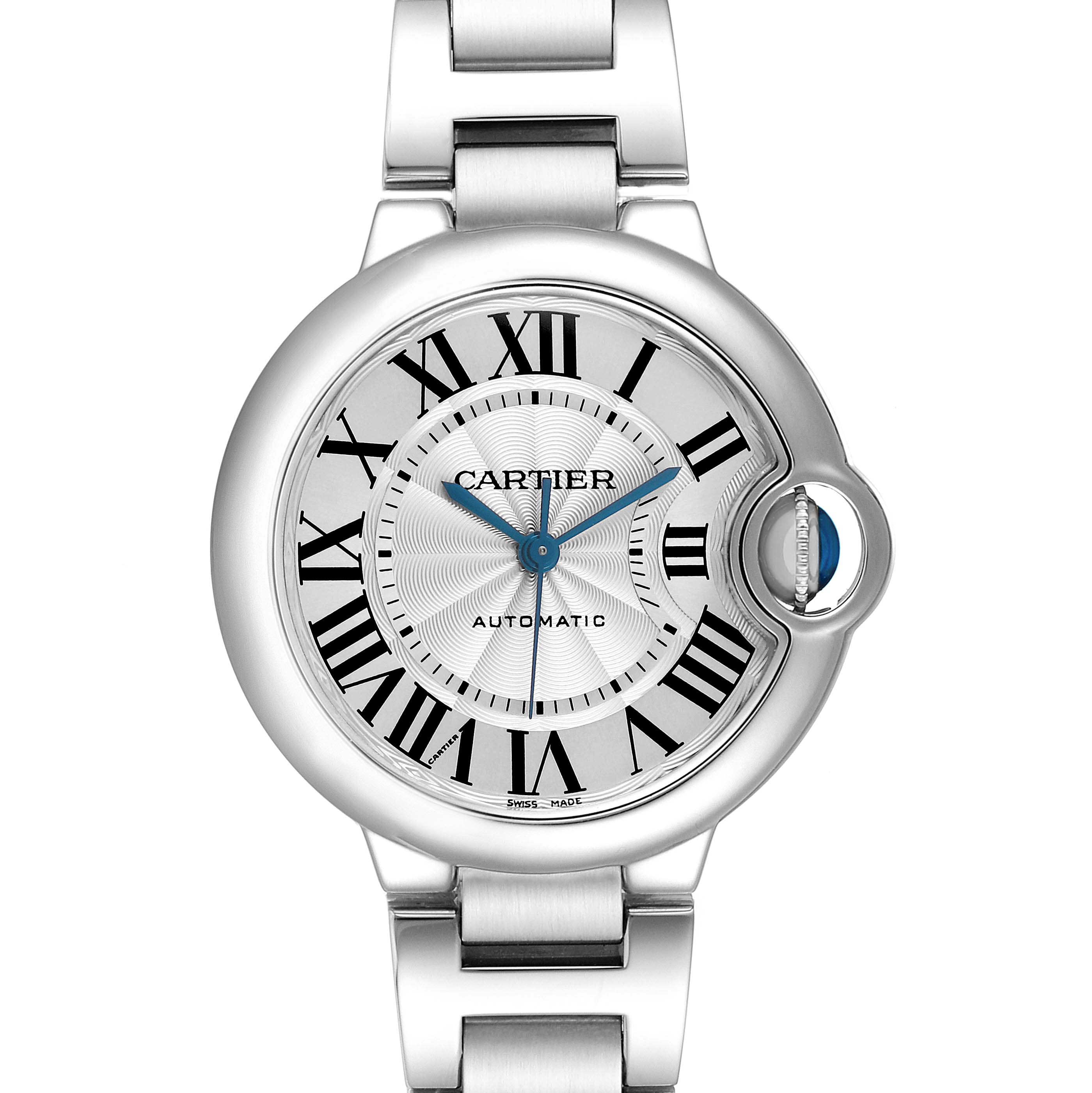 The image shows a head-on view of the Cartier Ballon Bleu W6920071 Women's Stainless Steel Silver Dial watch, highlighting the dial, Roman numerals, and side-view of the crown.