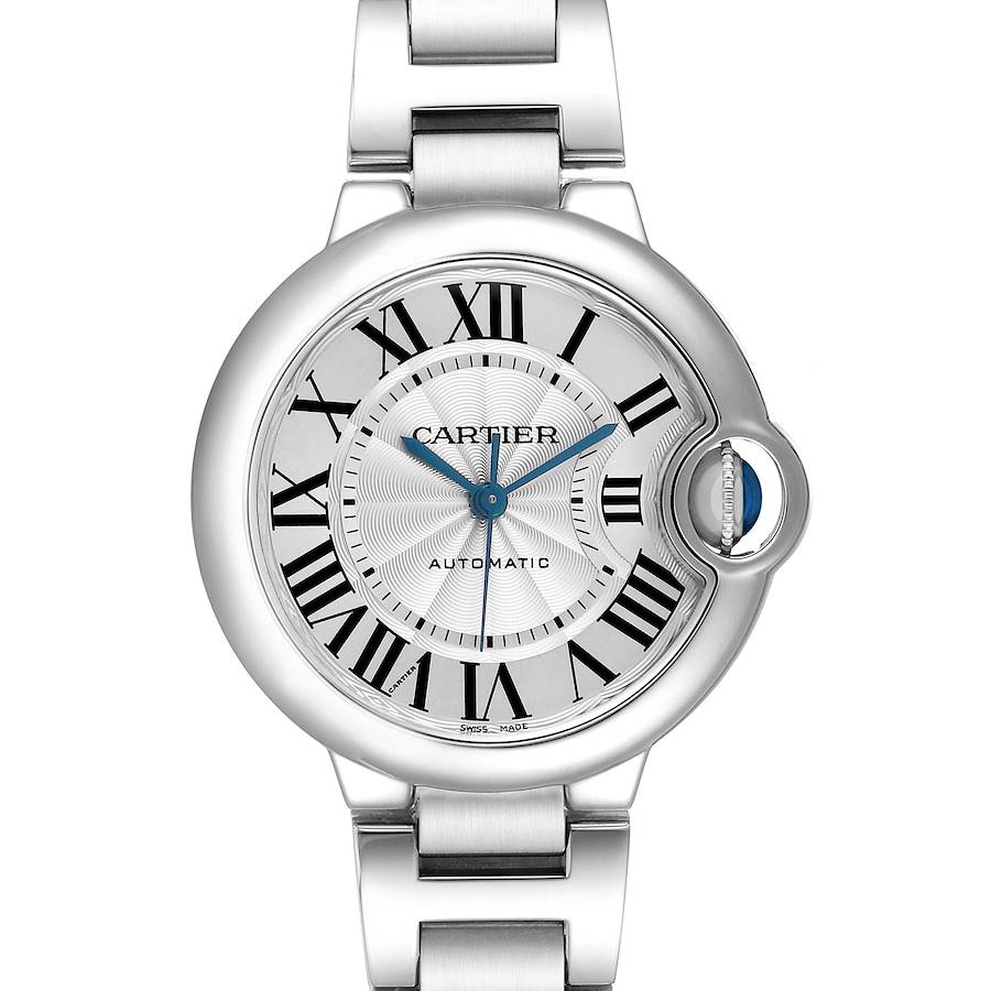 The image shows a head-on view of the Cartier Ballon Bleu W6920071 Women's Stainless Steel Silver Dial watch, highlighting the dial, Roman numerals, and side-view of the crown.
