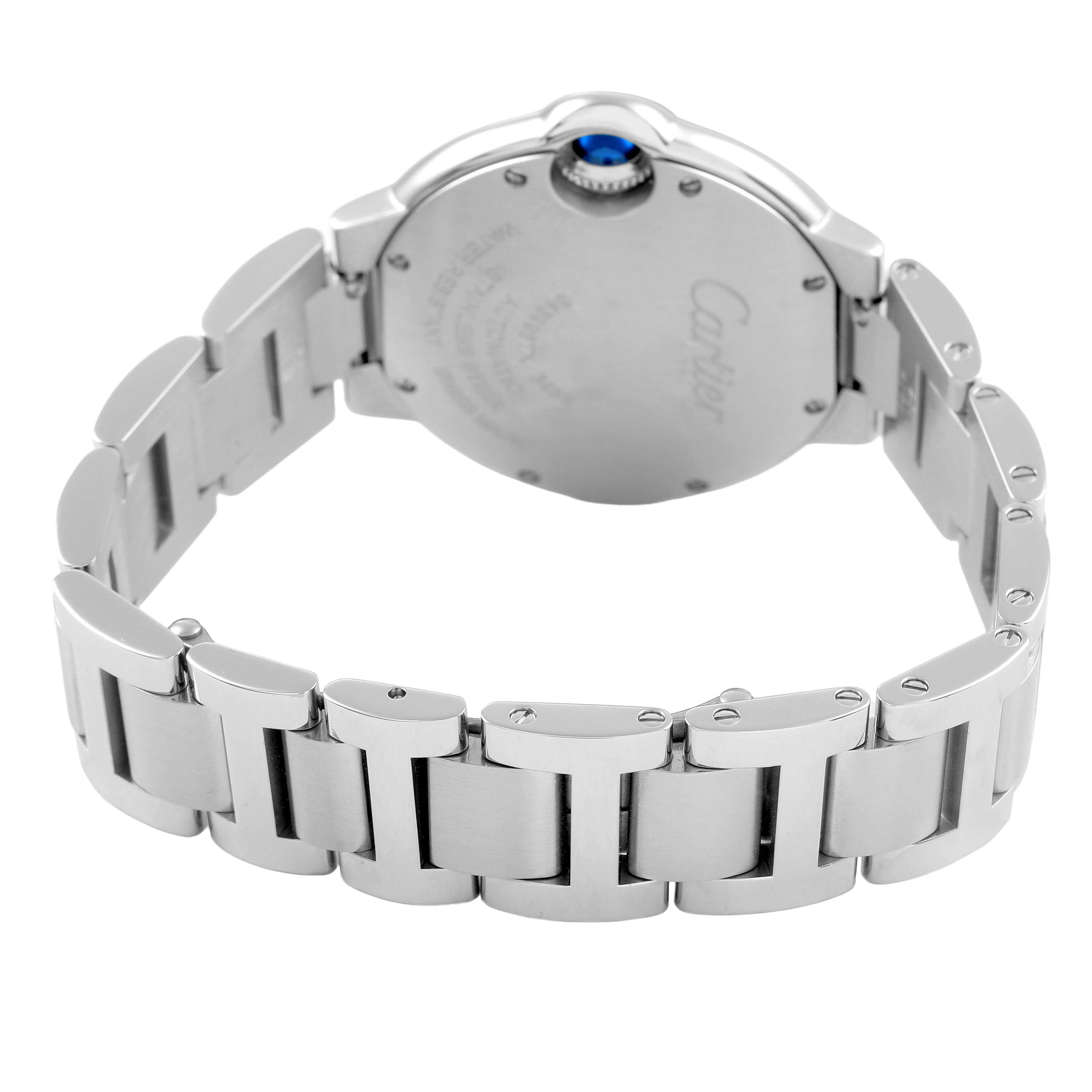 The Cartier Ballon Bleu W6920071 Women's Stainless Steel Silver Dial watch is shown from the back, featuring the case back and part of the metal bracelet.