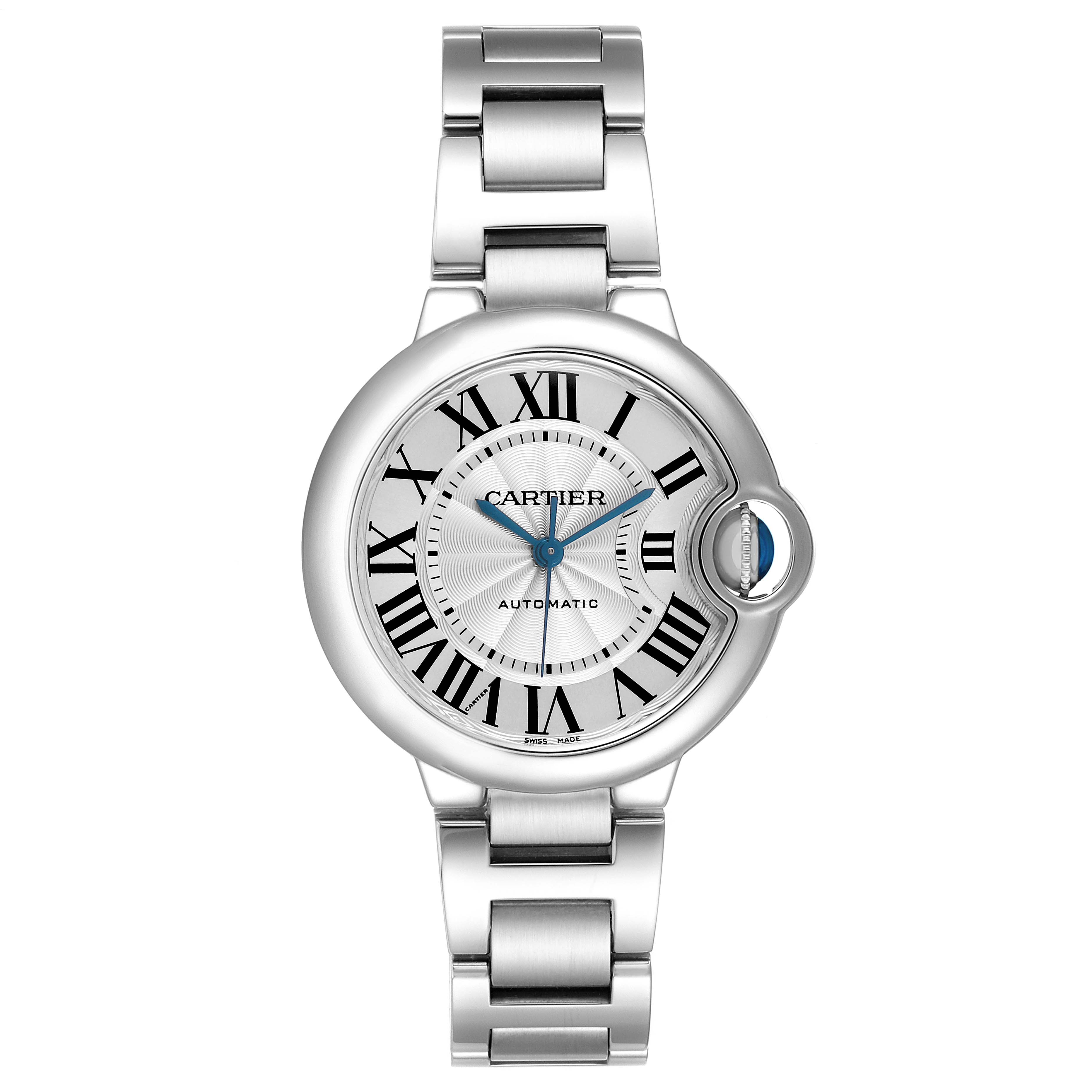 The Cartier Ballon Bleu W6920071 Women's Stainless Steel Silver Dial watch is shown from a top-down angle, displaying the face, Roman numerals, and metal bracelet.