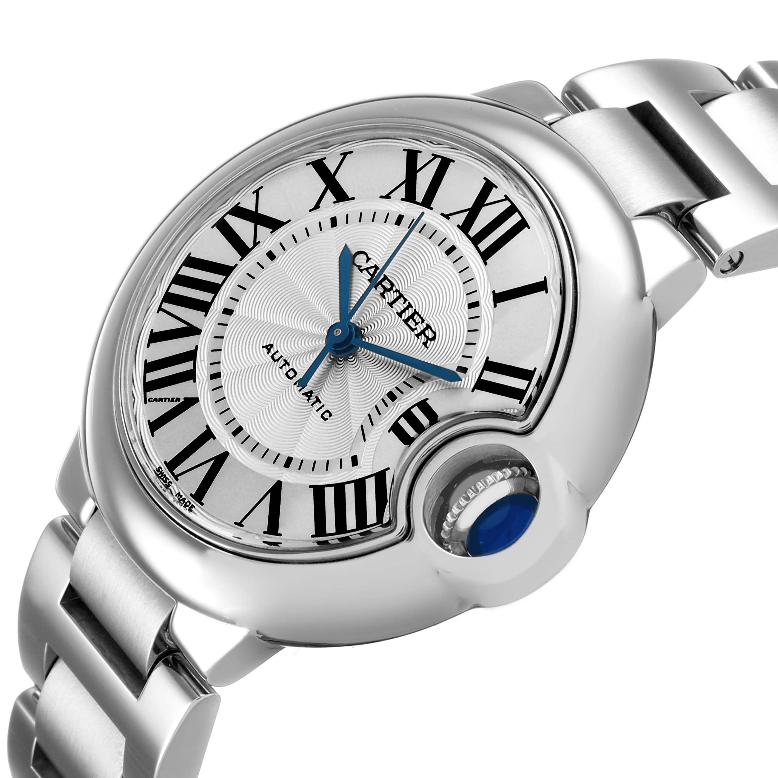 The Cartier Ballon Bleu W6920071 Women's Stainless Steel Silver Dial watch is shown at a three-quarter angle, highlighting its face, Roman numerals, and distinctive crown with a blue cabochon.