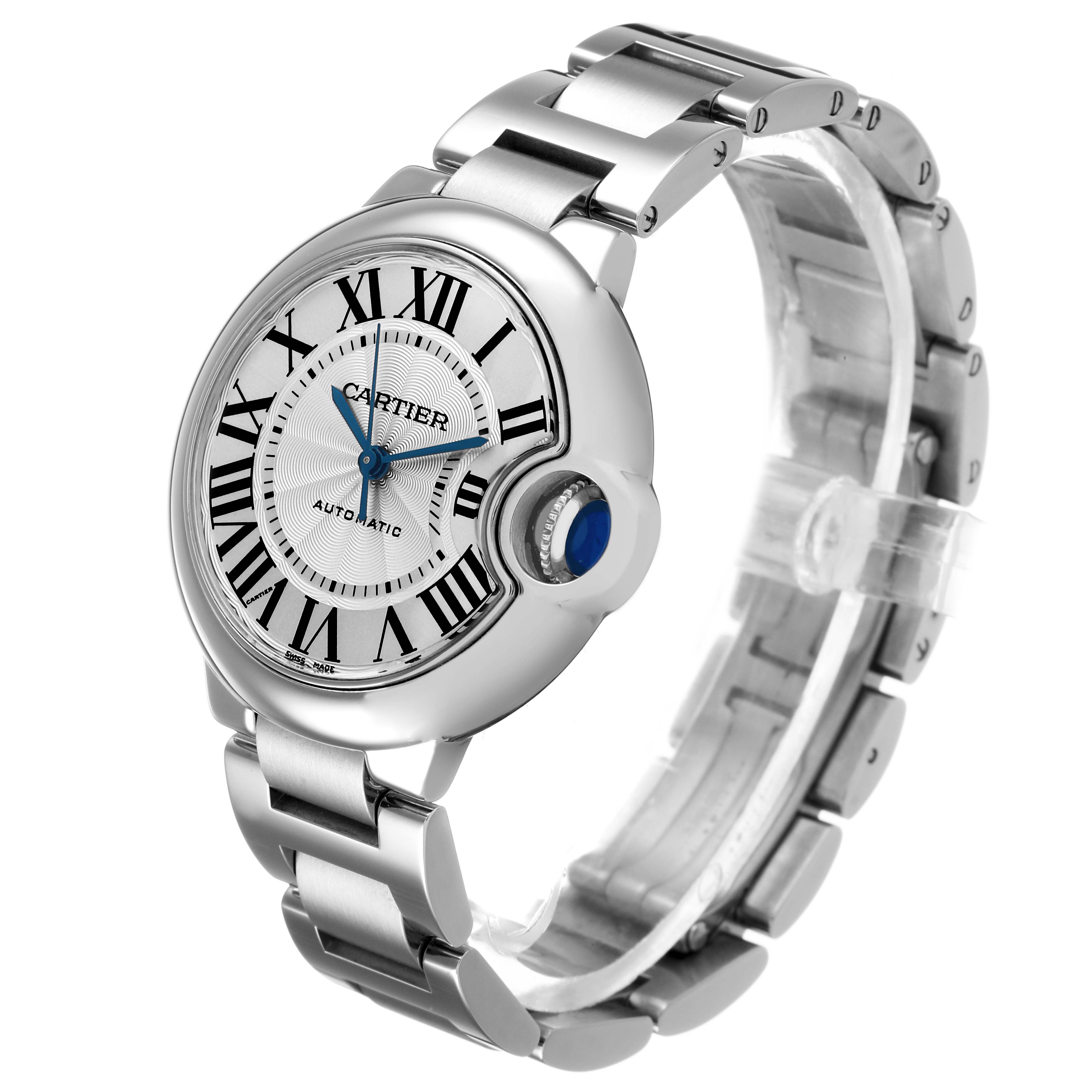 The Cartier Ballon Bleu W6920071 Women's Stainless Steel Silver Dial watch is shown at an angled side view, displaying the face, crown, and bracelet.