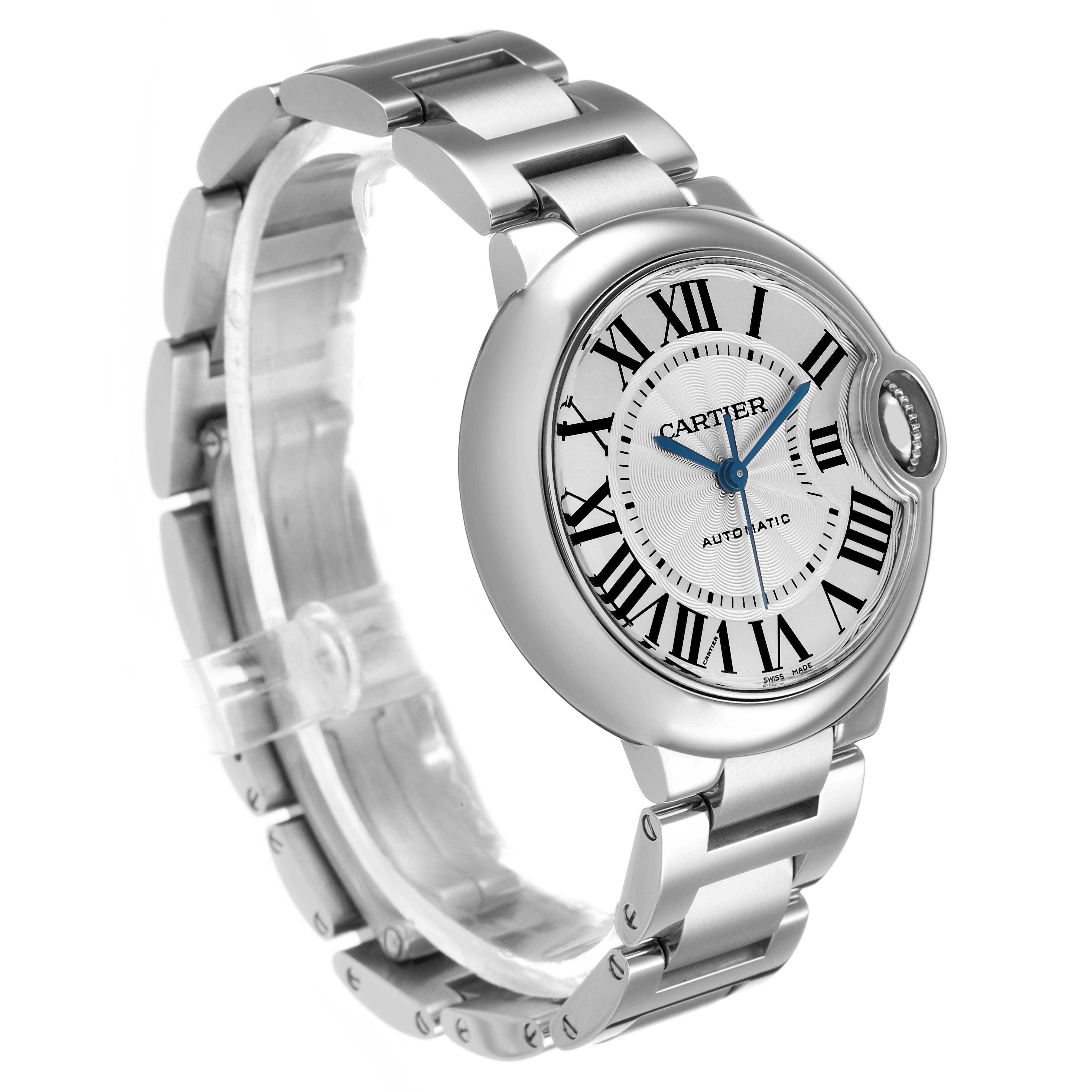 The Cartier Ballon Bleu W6920071 Women's Stainless Steel Silver Dial watch is shown at a three-quarter angle, highlighting its silver bracelet and Roman numeral dial.