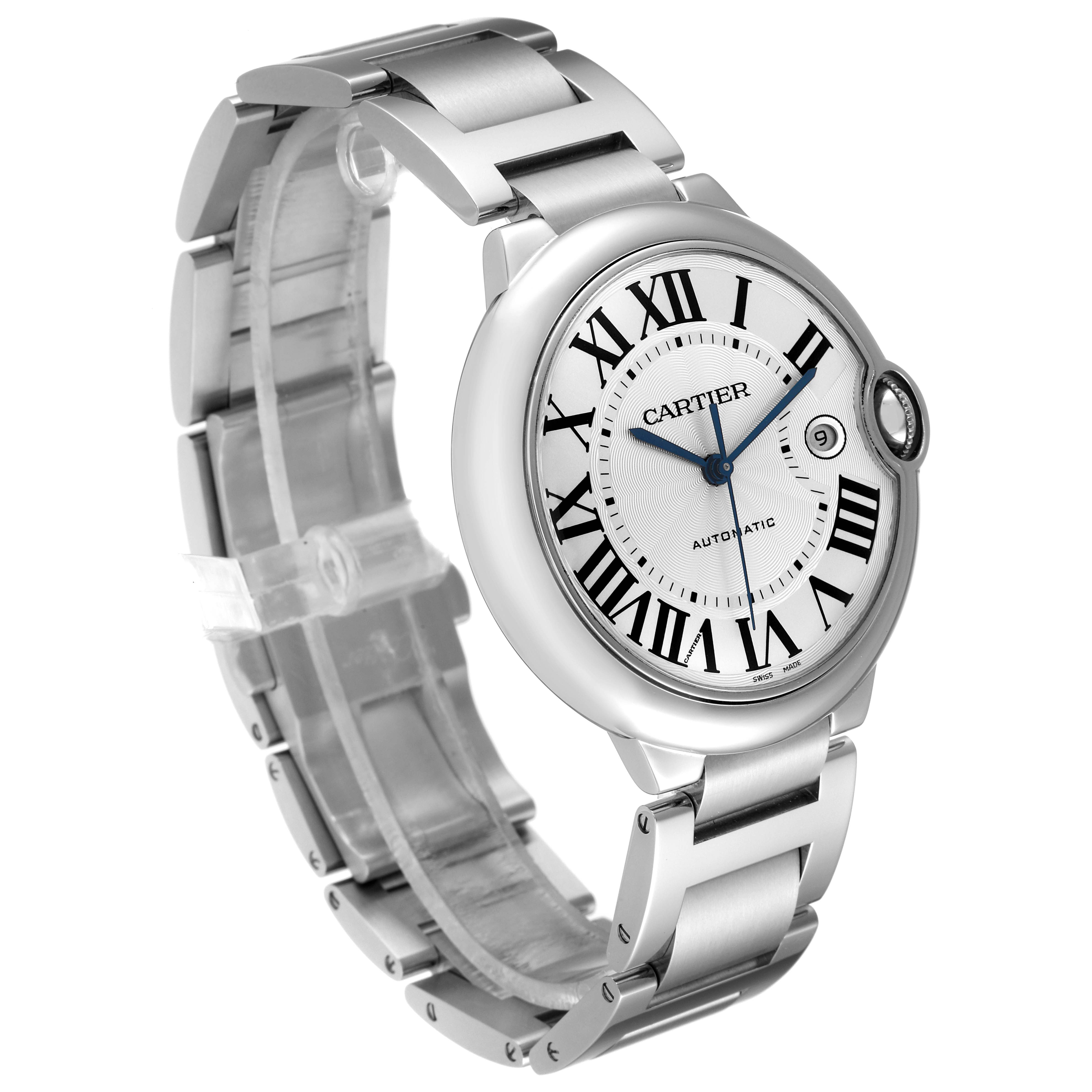 The Cartier Ballon Bleu W69012Z4 Men
s Stainless Steel Silver Dial W69012Z4 Men
s Stainless Steel Silver Dial watch is shown at an angled view highlighting its face, bracelet, and crown with a visible automatic movement inscription.