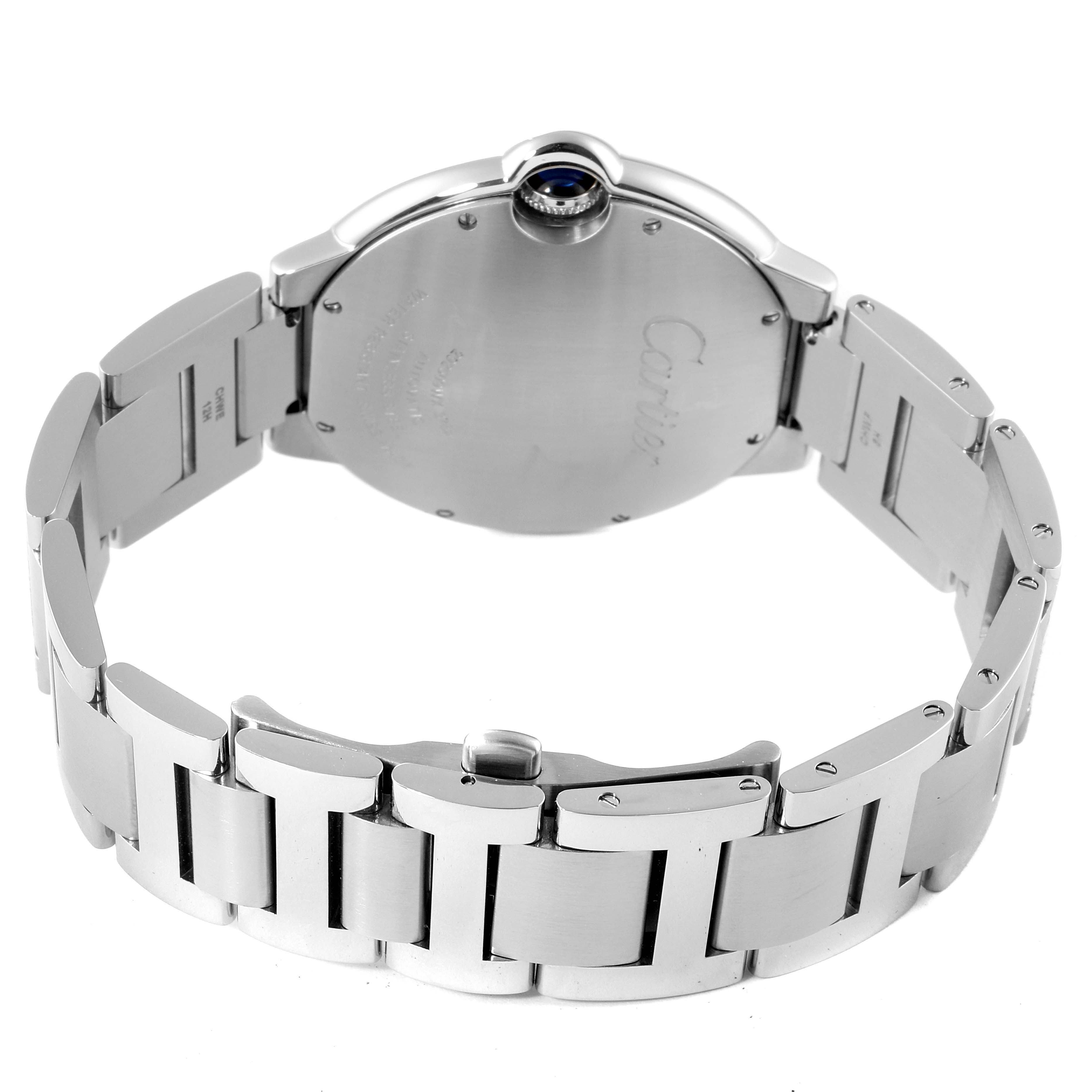 This image shows the back and bracelet of a Ballon Bleu de Cartier watch from a rear angle.