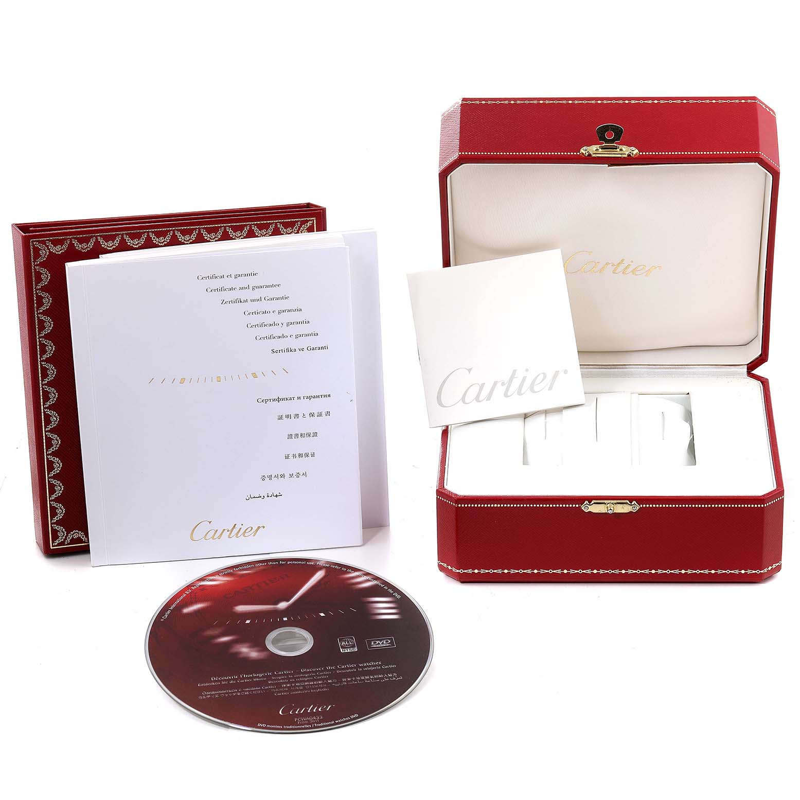 The image shows the packaging and accessories for a Cartier Ballon Bleu W69012Z4 Men
s Stainless Steel Silver Dial W69012Z4 Men
s Stainless Steel Silver Dial watch, including a box, booklet, warranty card, and a CD.