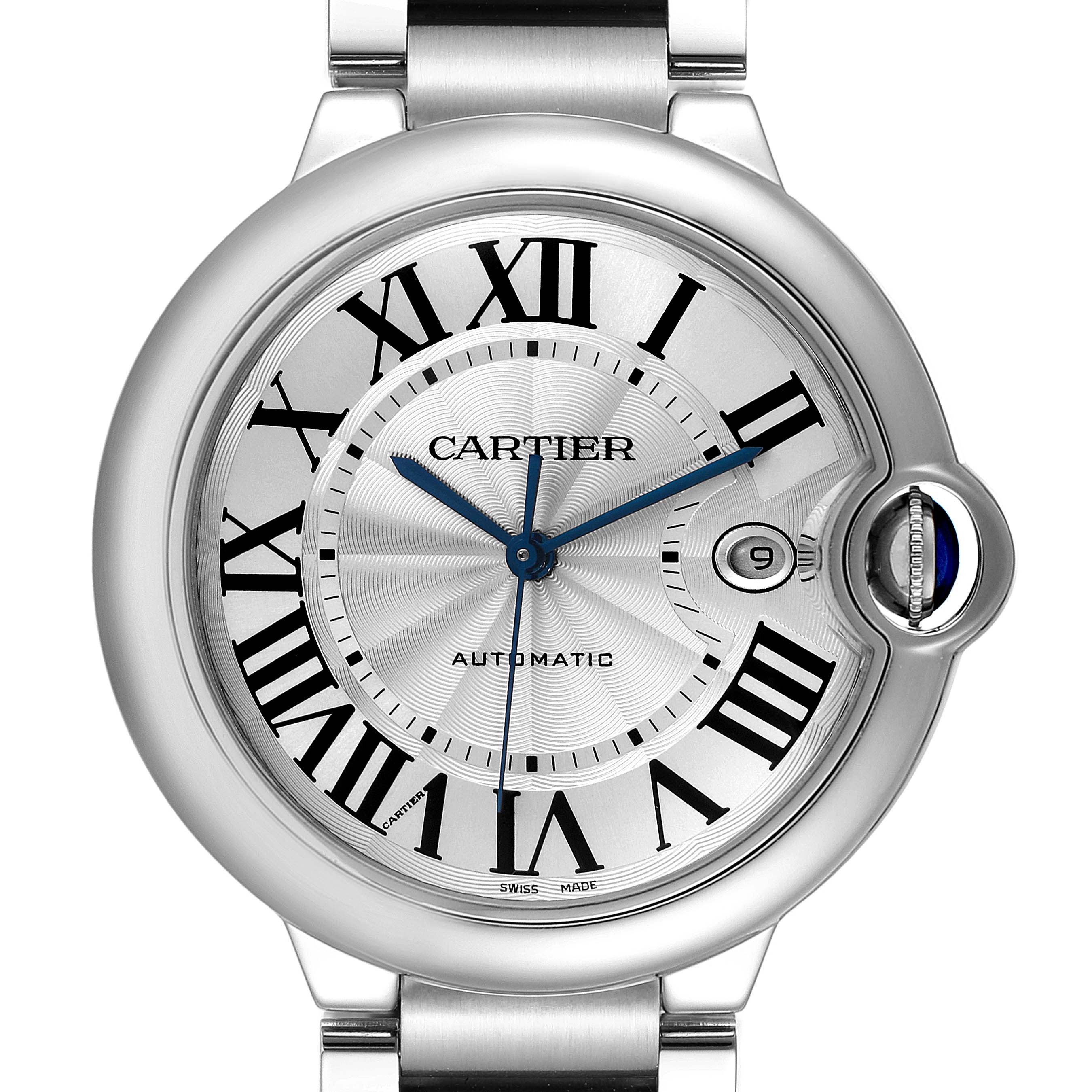 The image shows a front view of the Cartier Ballon Bleu W69012Z4 Men
s Stainless Steel Silver Dial W69012Z4 Men
s Stainless Steel Silver Dial watch, highlighting its Roman numeral dial, blue hands, date display, and crown.