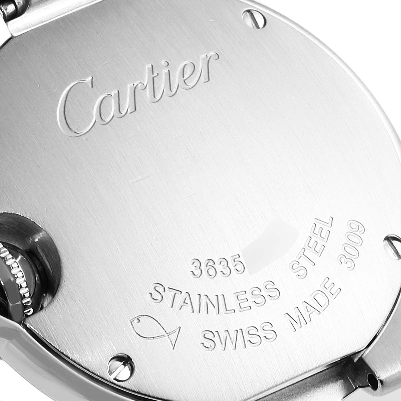 The image shows the back case of a Ballon Bleu watch by Cartier, highlighting the engravings and material details.