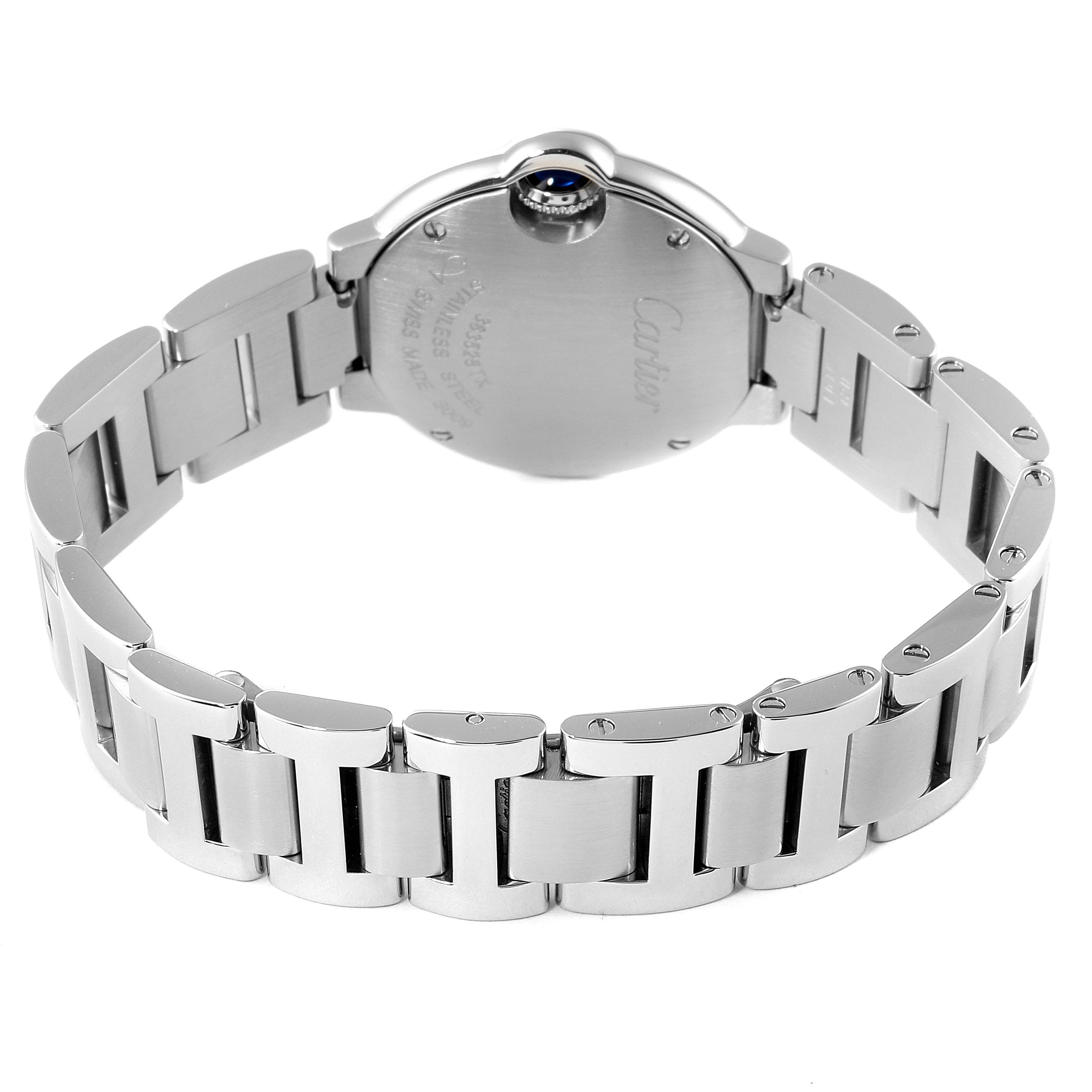 This image shows the back and bracelet of the Cartier Ballon Bleu WE902073 Women's Stainless Steel Silver Dial WE902073 Women's Stainless Steel Silver Dial watch at a rear angle.