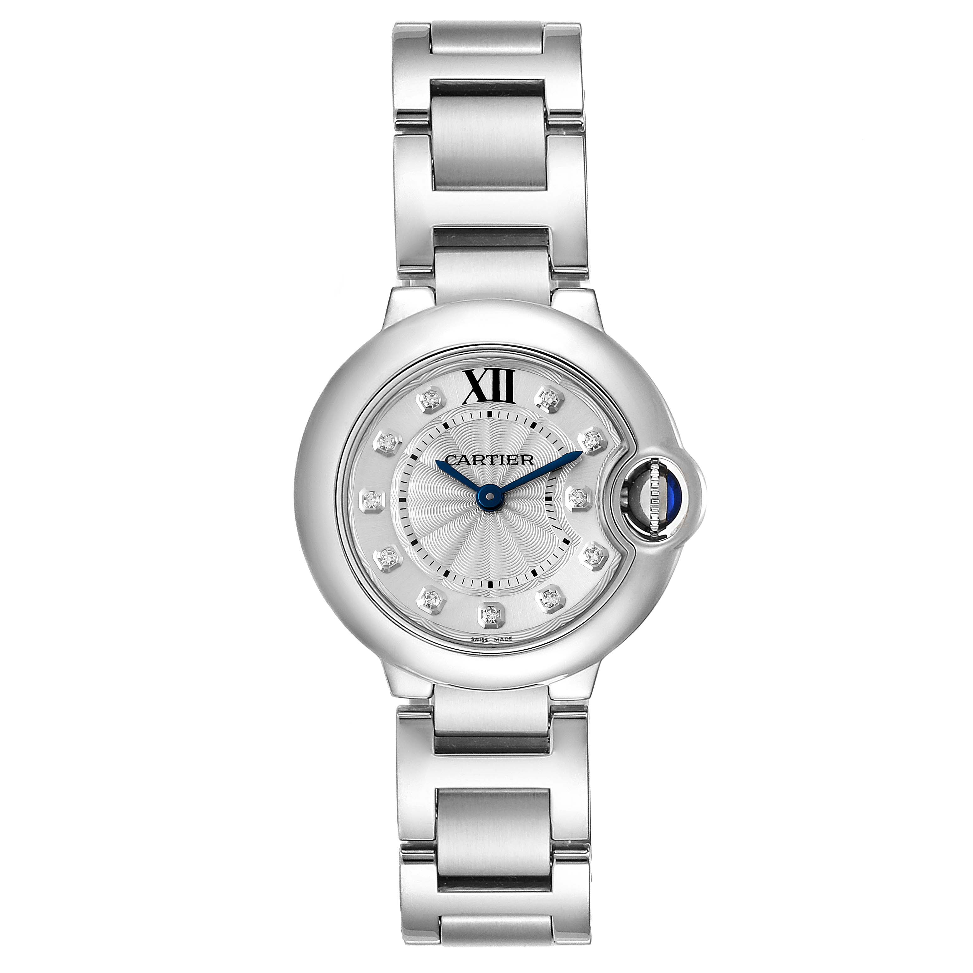 This image shows a frontal view of the Cartier Ballon Bleu WE902073 Women's Stainless Steel Silver Dial WE902073 Women's Stainless Steel Silver Dial watch, highlighting the face, bracelet, and crown.