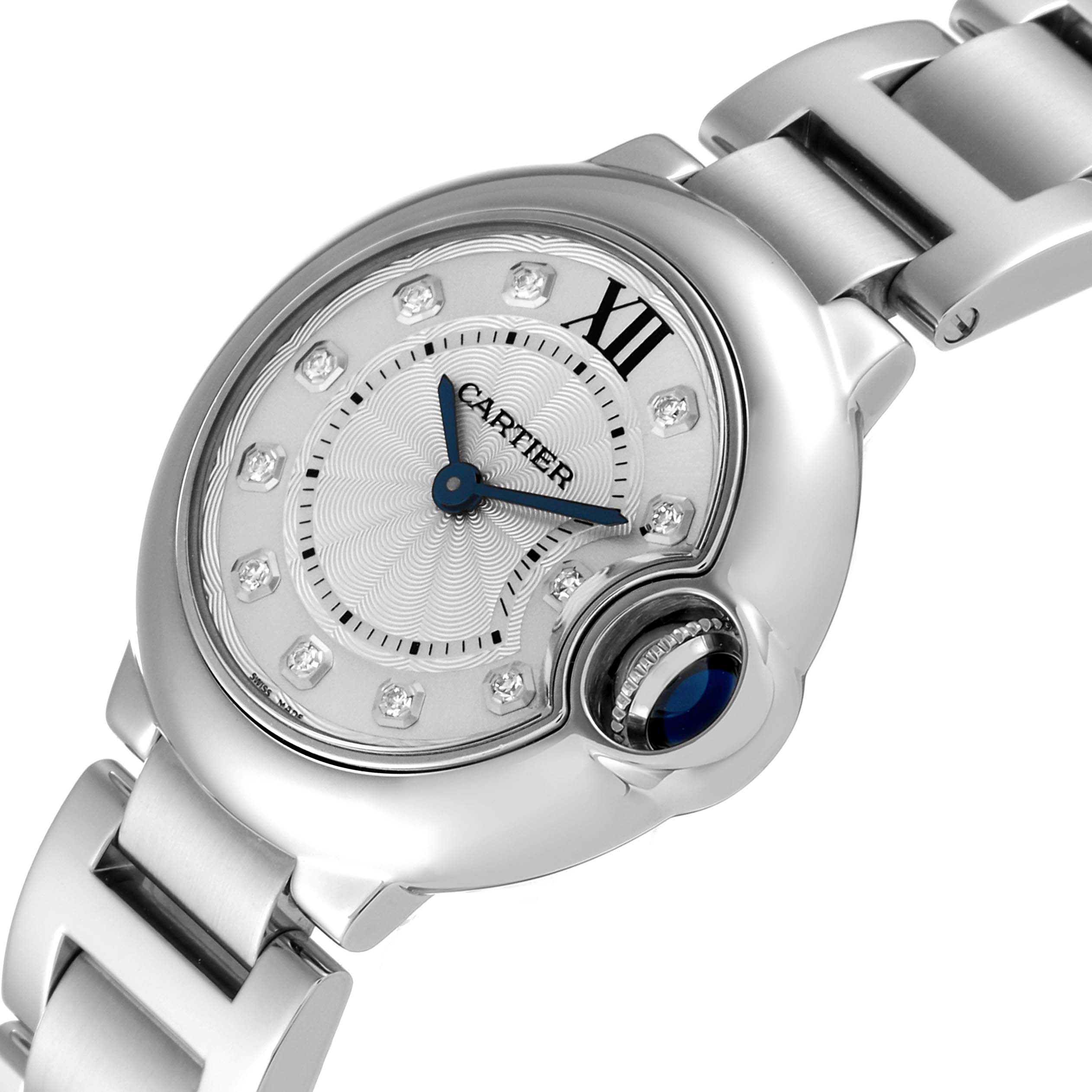 The image shows a close-up angled view of the Cartier Ballon Bleu WE902073 Women's Stainless Steel Silver Dial WE902073 Women's Stainless Steel Silver Dial watch face and part of its metal bracelet.