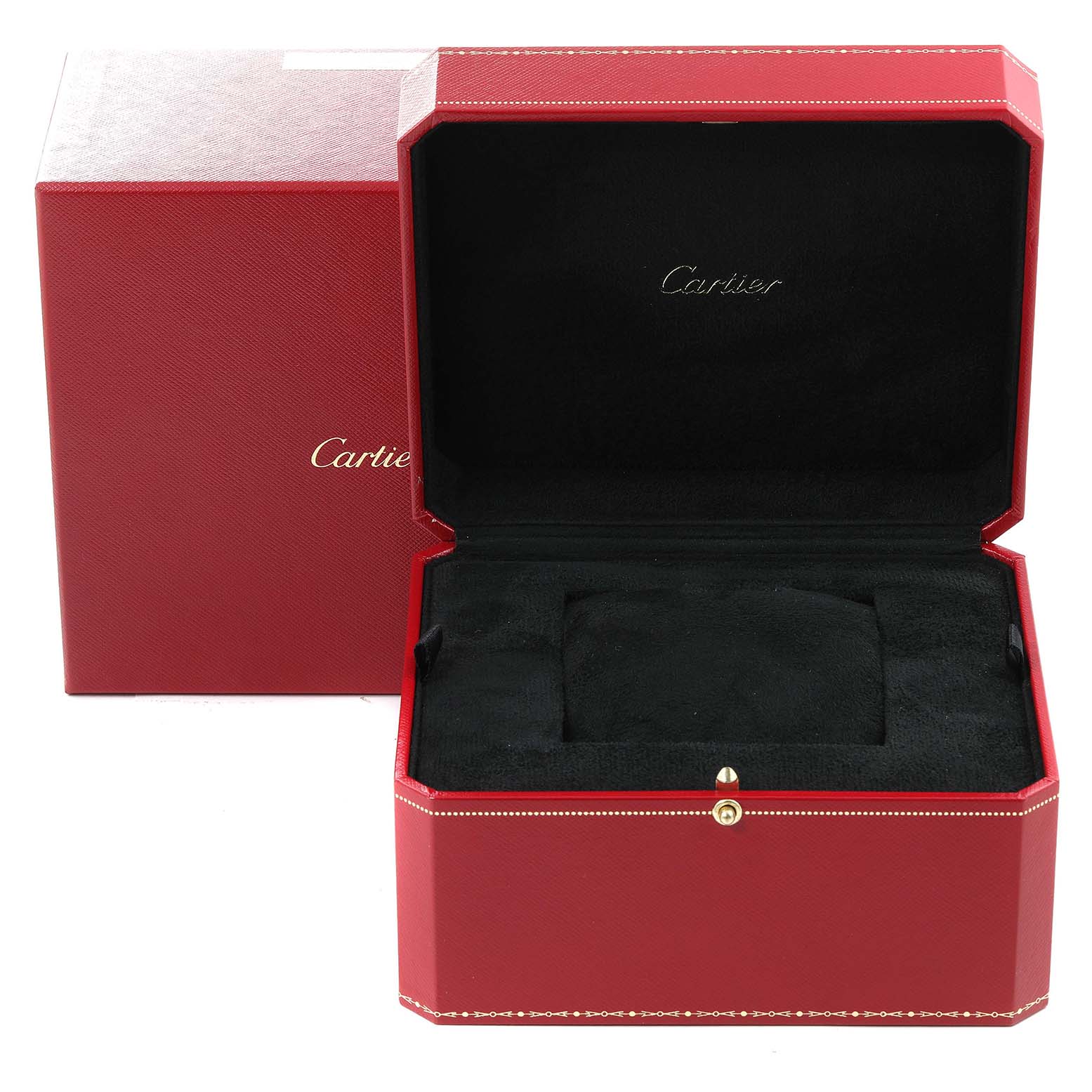 This image shows an open box for the Ballon Bleu model by Cartier, featuring a red exterior and black interior.