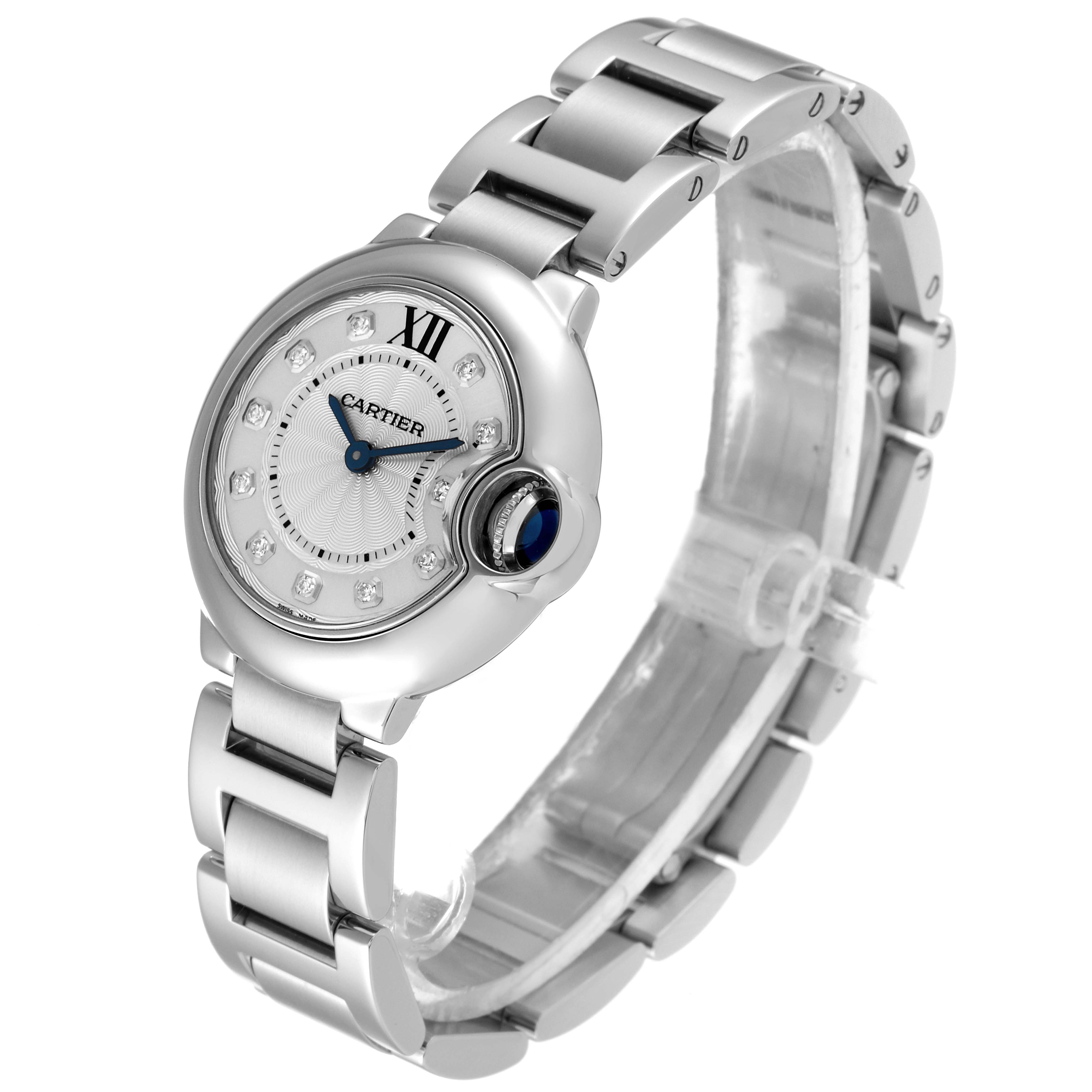 The Cartier Ballon Bleu WE902073 Women's Stainless Steel Silver Dial WE902073 Women's Stainless Steel Silver Dial watch is shown at an angle displaying the face, bezel, and part of the bracelet.