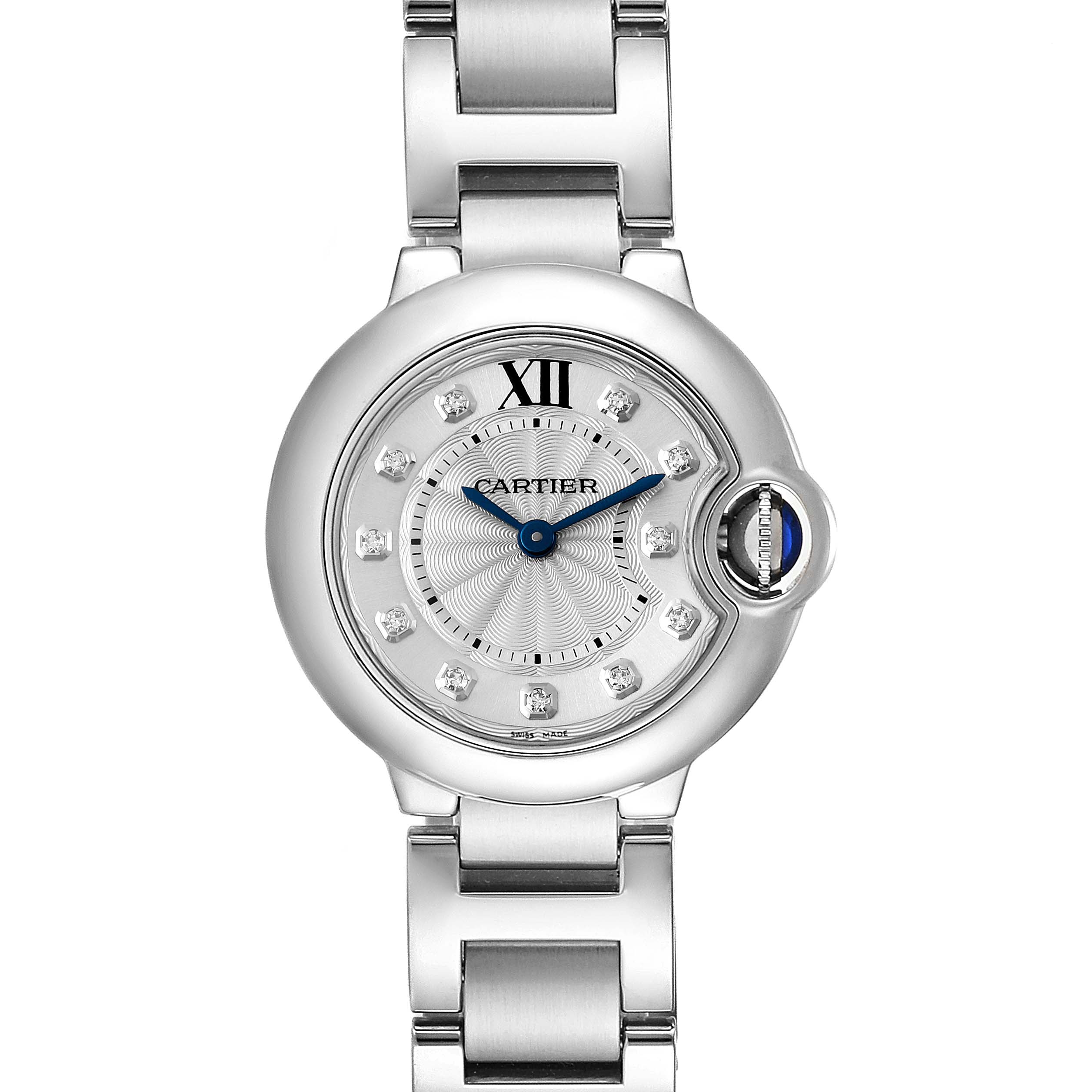 This image shows a top view of the Cartier Ballon Bleu WE902073 Women's Stainless Steel Silver Dial WE902073 Women's Stainless Steel Silver Dial watch, highlighting its face, bezel, and part of the bracelet.