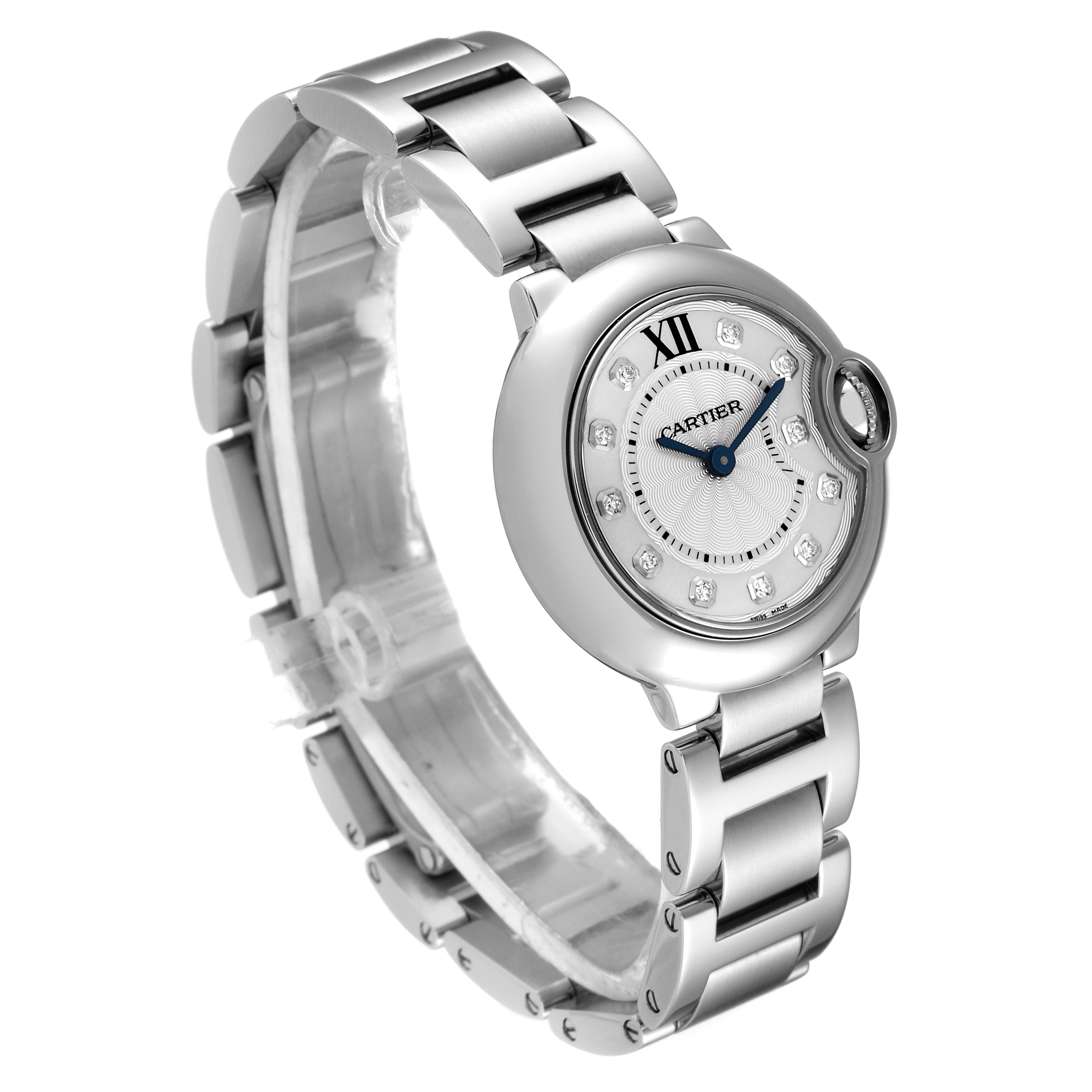 The image shows a Cartier Ballon Bleu WE902073 Women's Stainless Steel Silver Dial WE902073 Women's Stainless Steel Silver Dial watch from a front-side angle, highlighting its dial, bracelet, and crown.