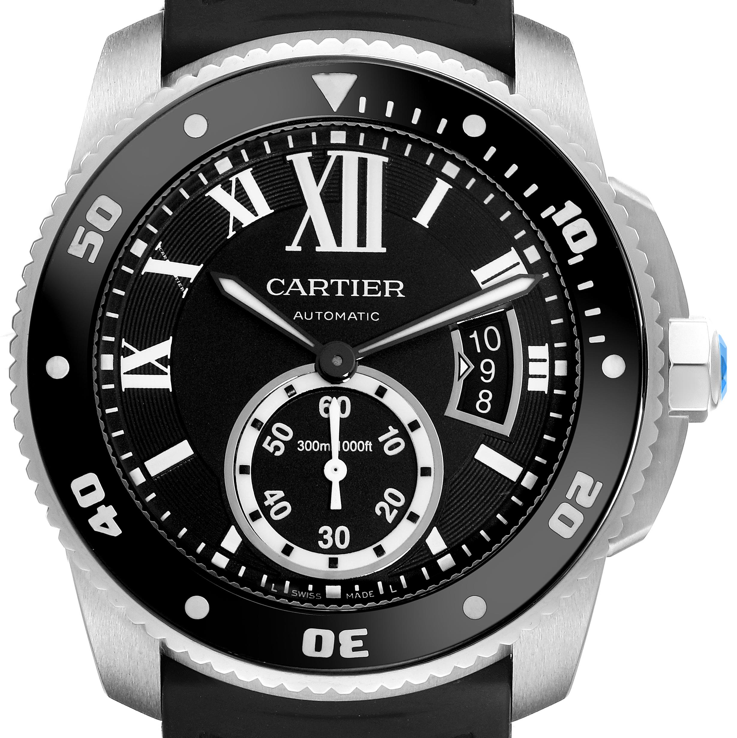 The Calibre de Cartier watch is shown from a front angle, highlighting the dial, bezel, and crown.