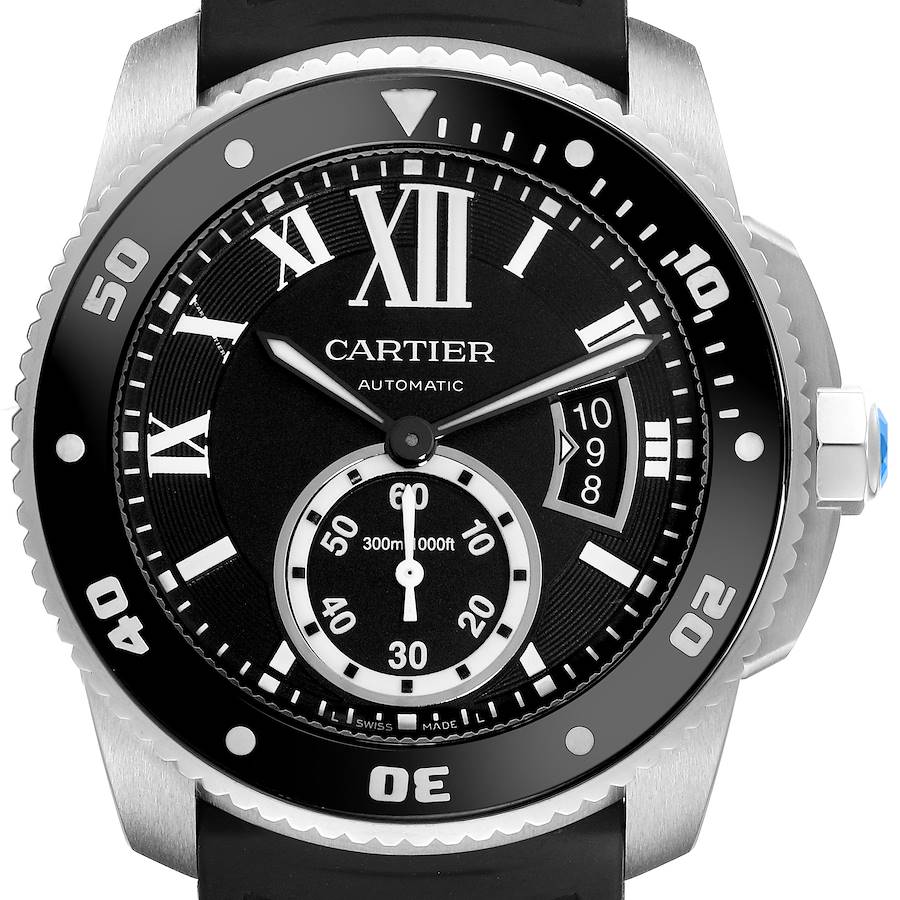 The Calibre de Cartier watch is shown from a front angle, highlighting the dial, bezel, and crown.